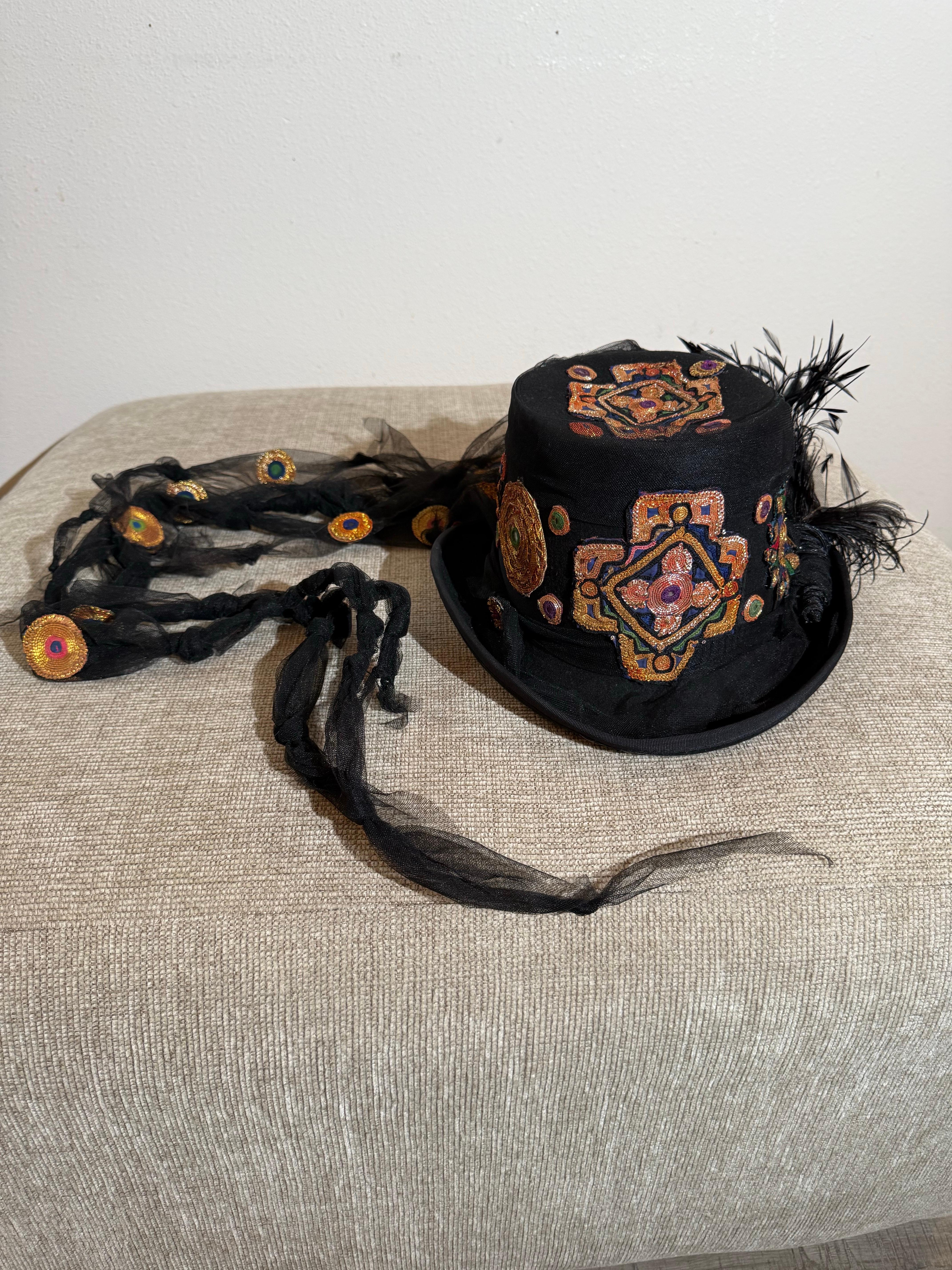 Torso Creations Festival Top Hat w Indian Embroidered Applique & Tulle Streamers For Sale 13