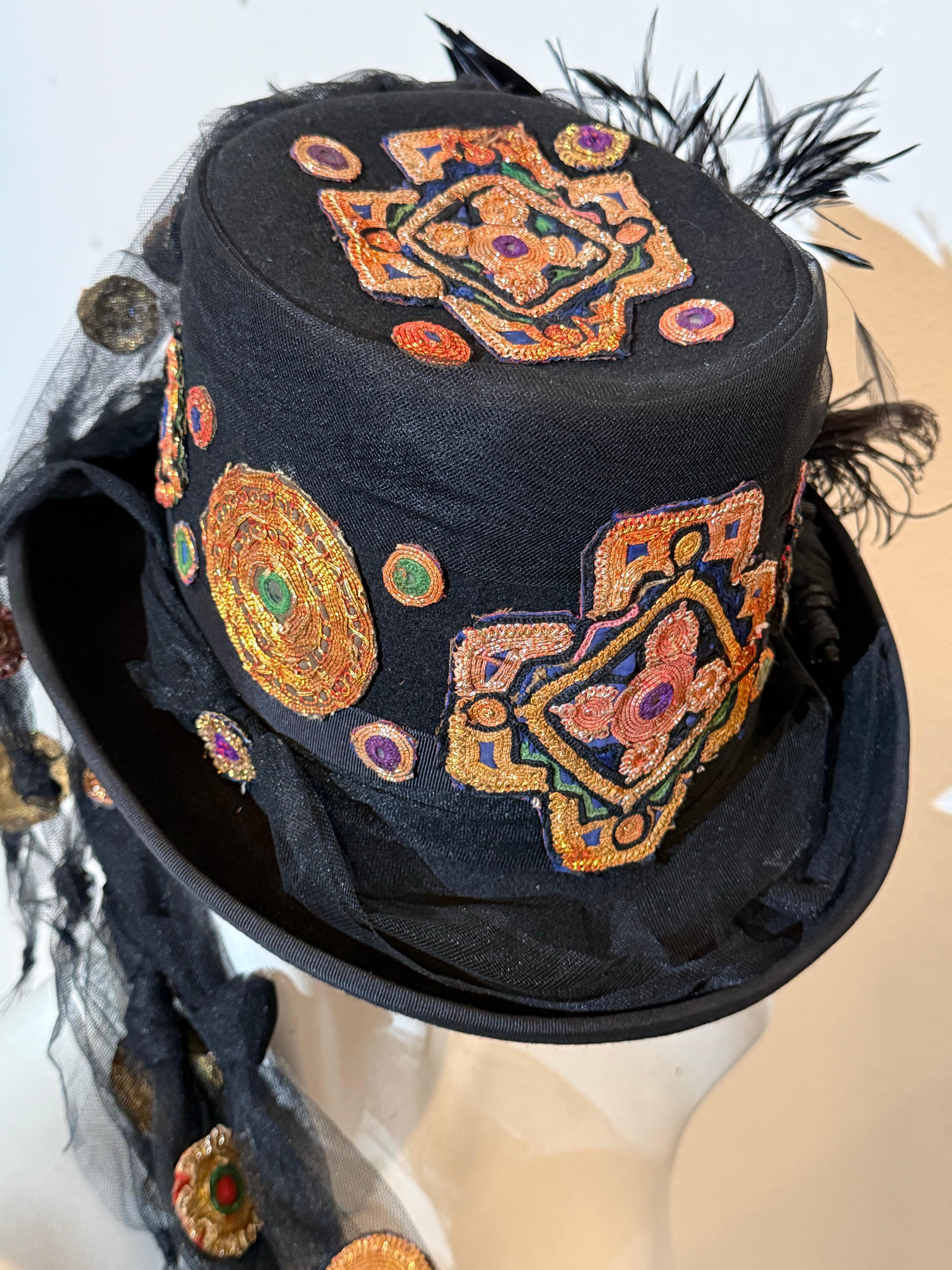 Black Torso Creations Festival Top Hat w Indian Embroidered Applique & Tulle Streamers For Sale