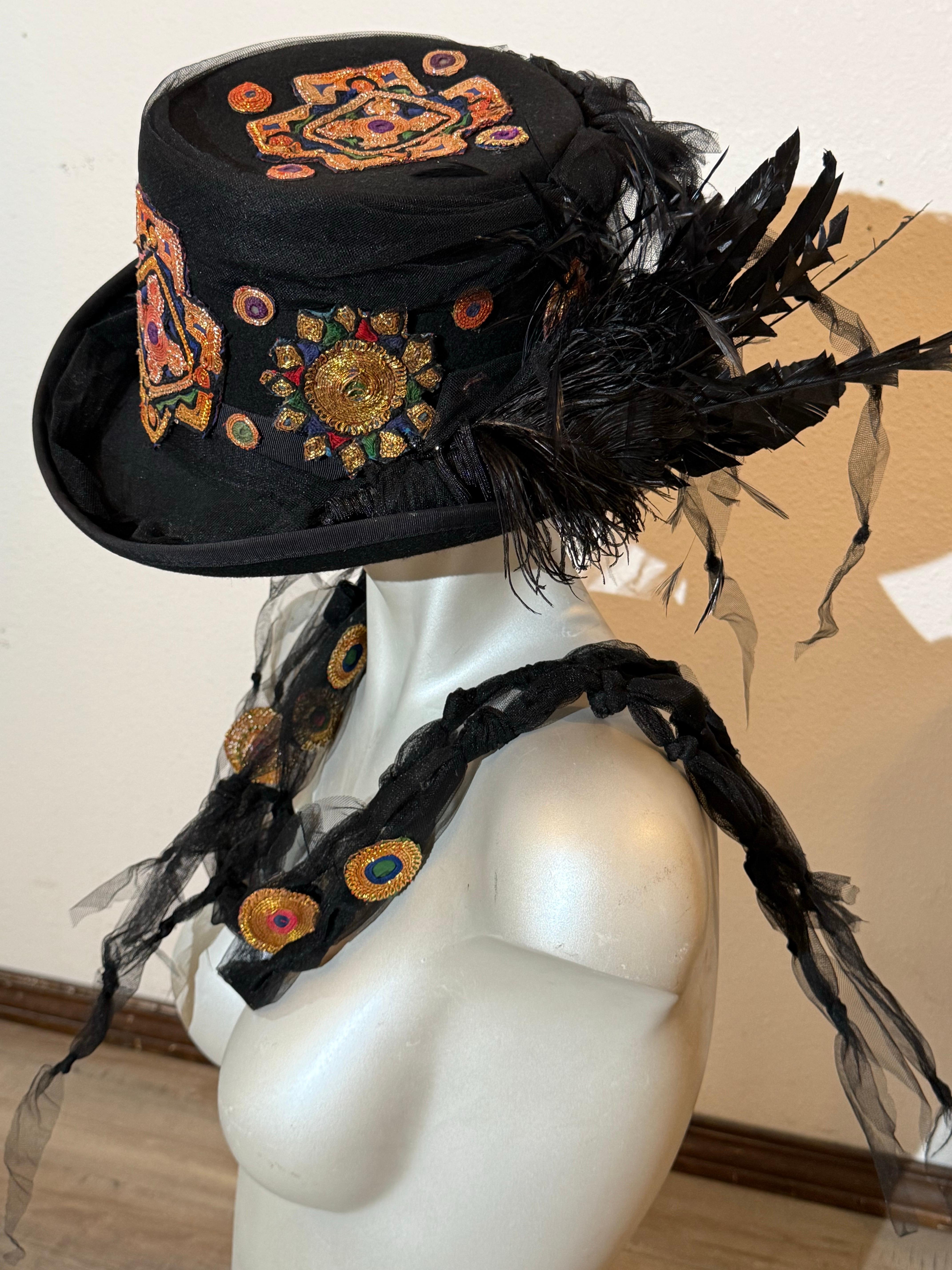 Torso Creations Festival Top Hat w Indian Embroidered Applique & Tulle Streamers For Sale 1