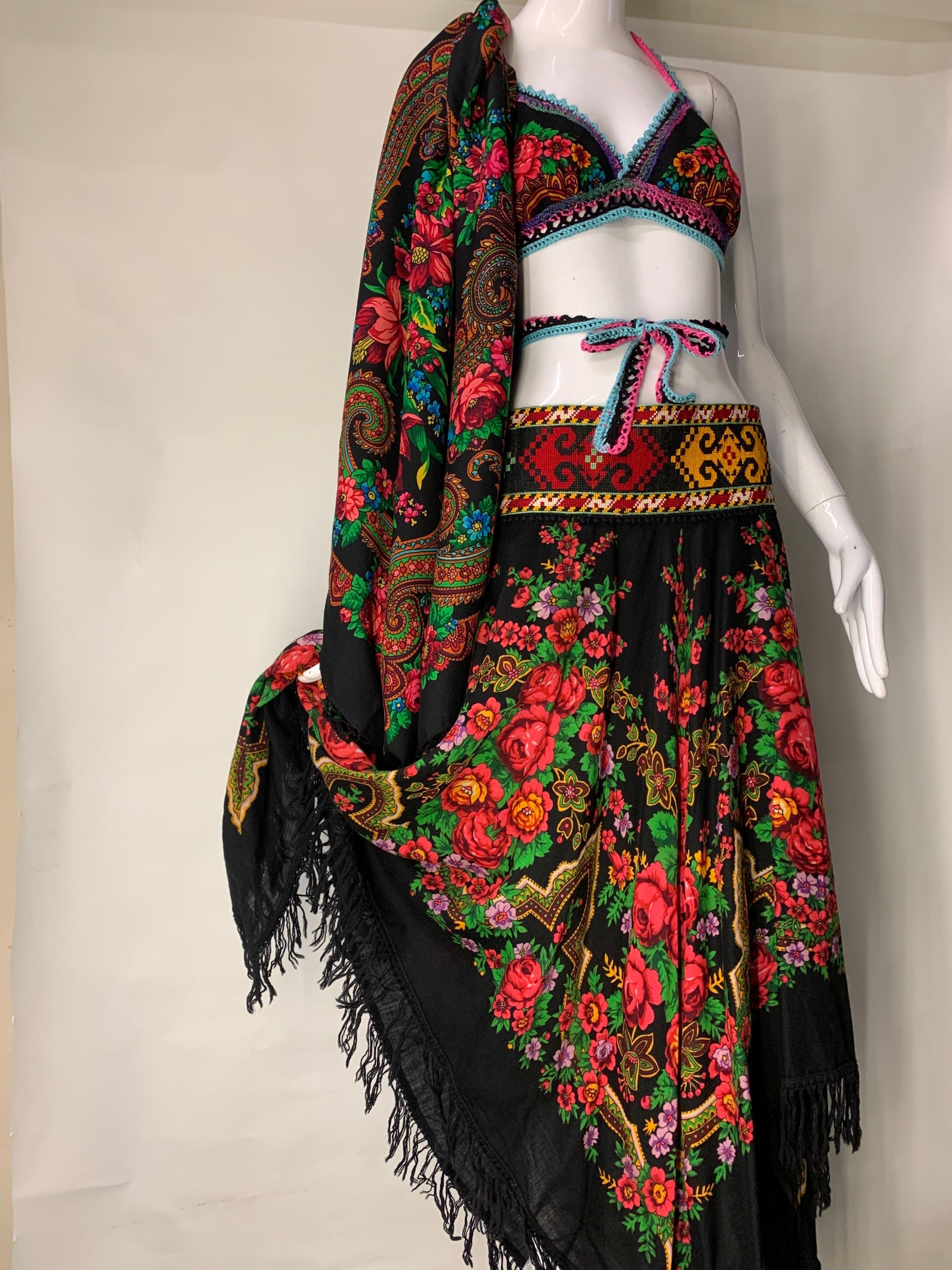 Torso Creations Floral Wool Challis 3-Piece Ensemble - Bra Skirt and Shawl In Excellent Condition For Sale In Gresham, OR