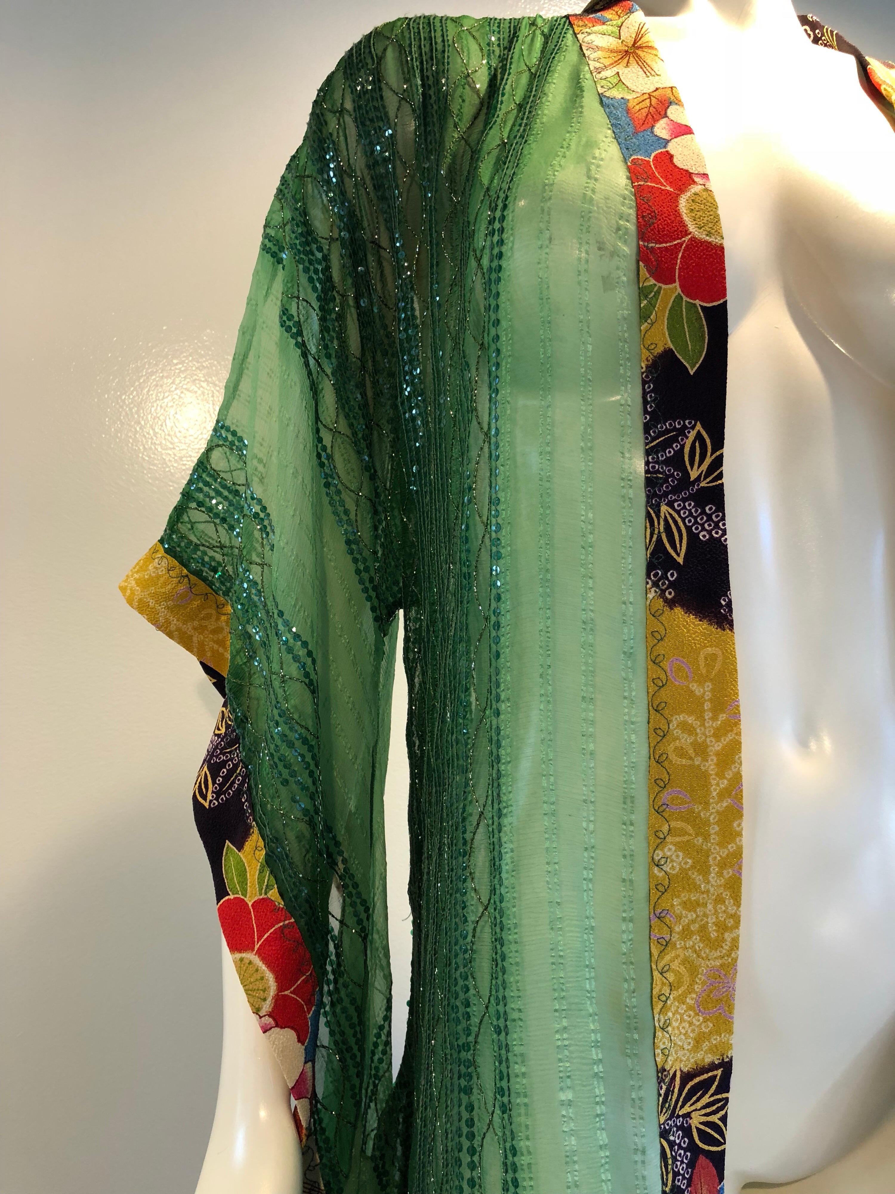 Torso Creations Green Silk Chiffon Kimono-Style Jacket W/ Sequins & Obi Trim  2