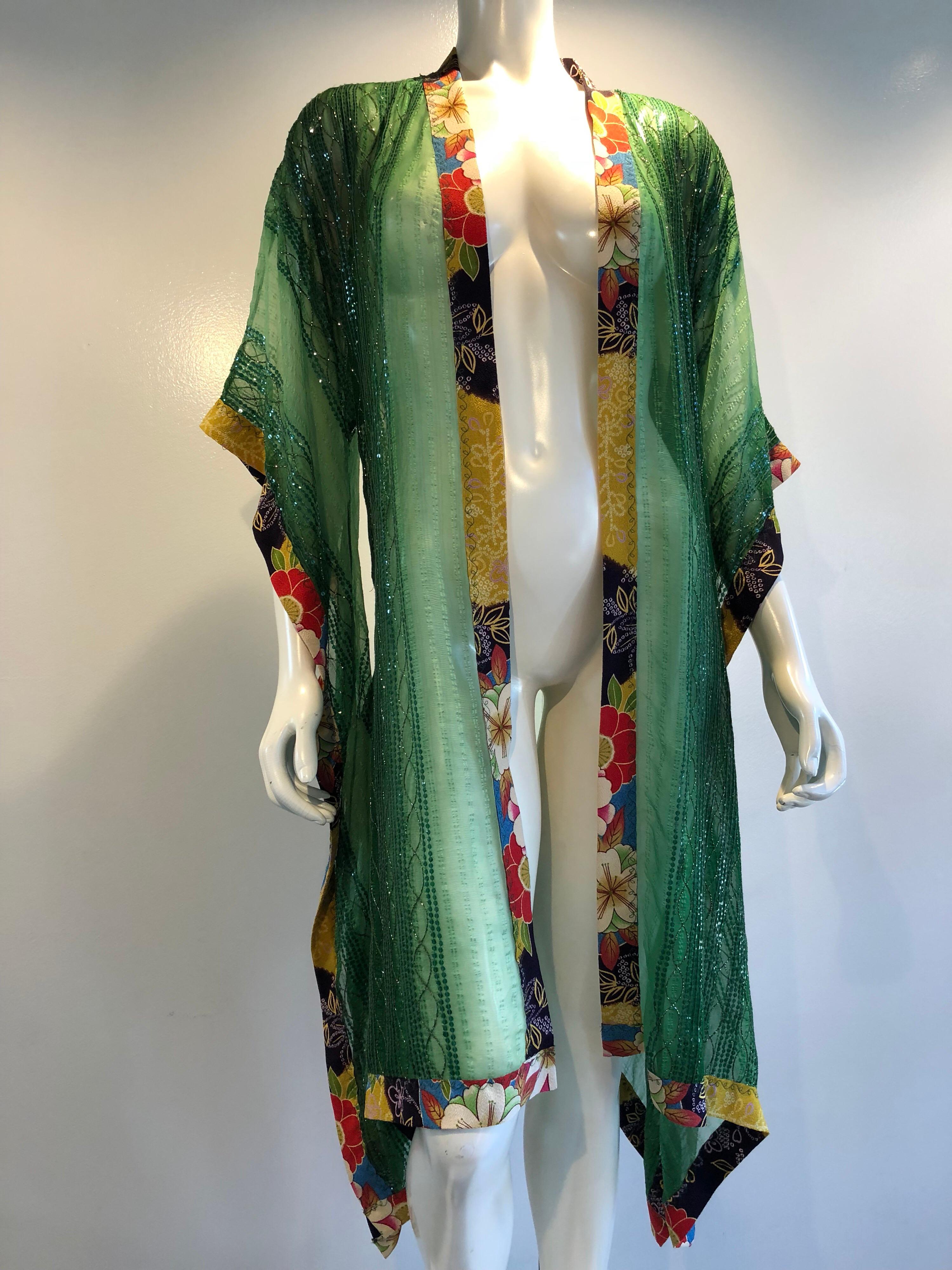 Torso Creations Green Silk Chiffon Kimono-Style Jacket W/ Sequins & Obi Trim  3