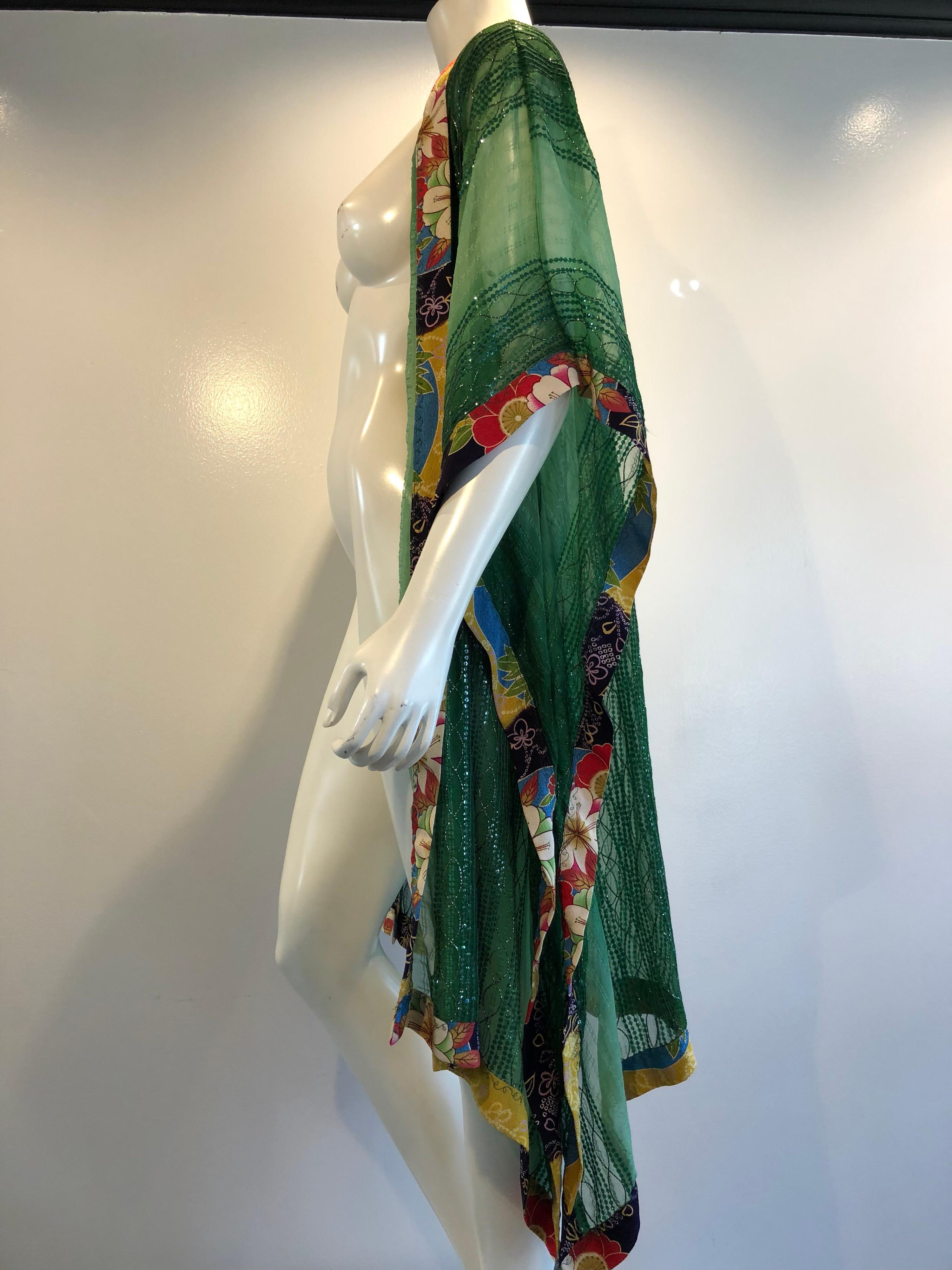 Torso Creations Green Silk Chiffon Kimono-Style Jacket W/ Sequins & Obi Trim  4