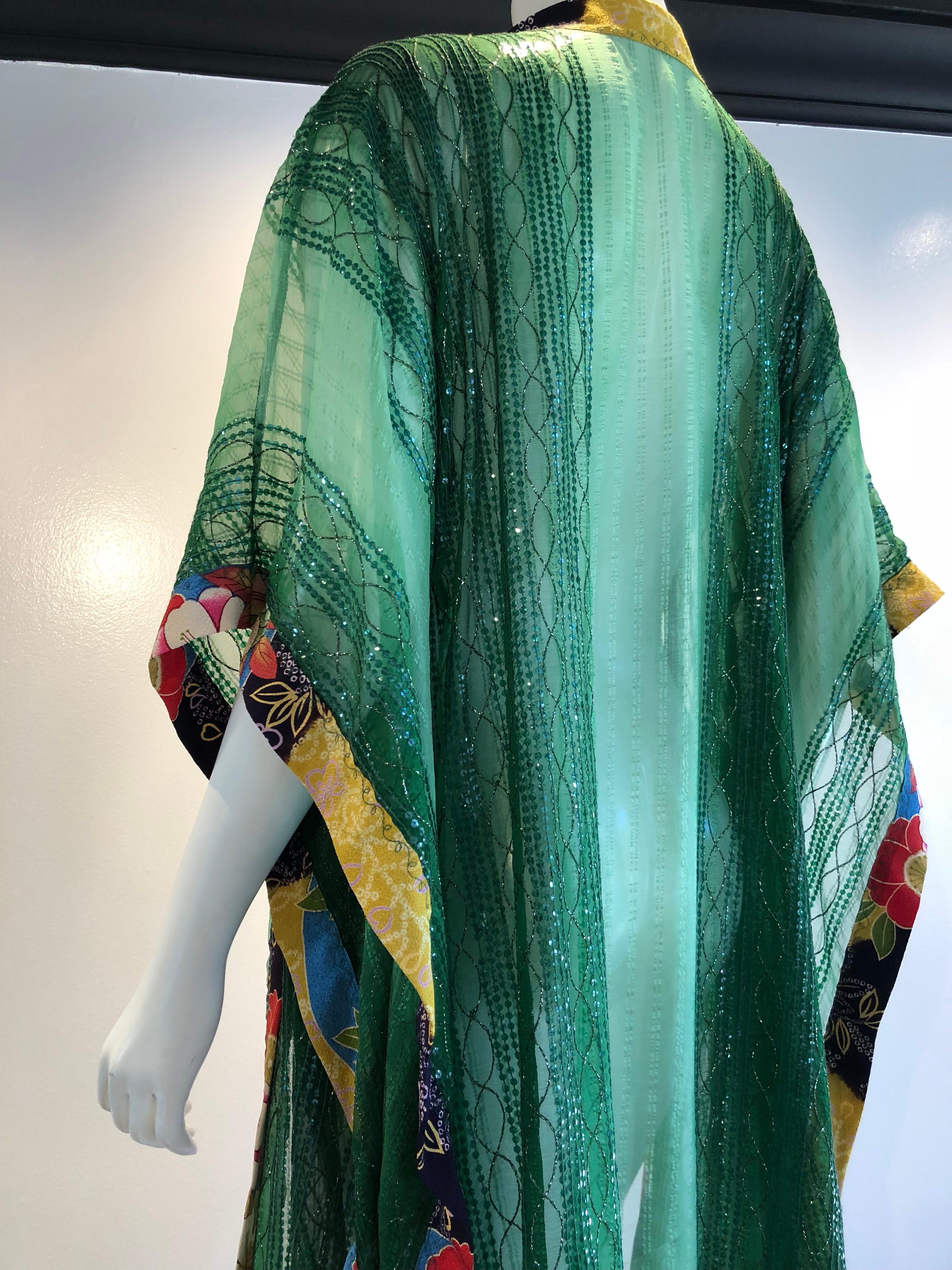 Torso Creations Green Silk Chiffon Kimono-Style Jacket W/ Sequins & Obi Trim  5