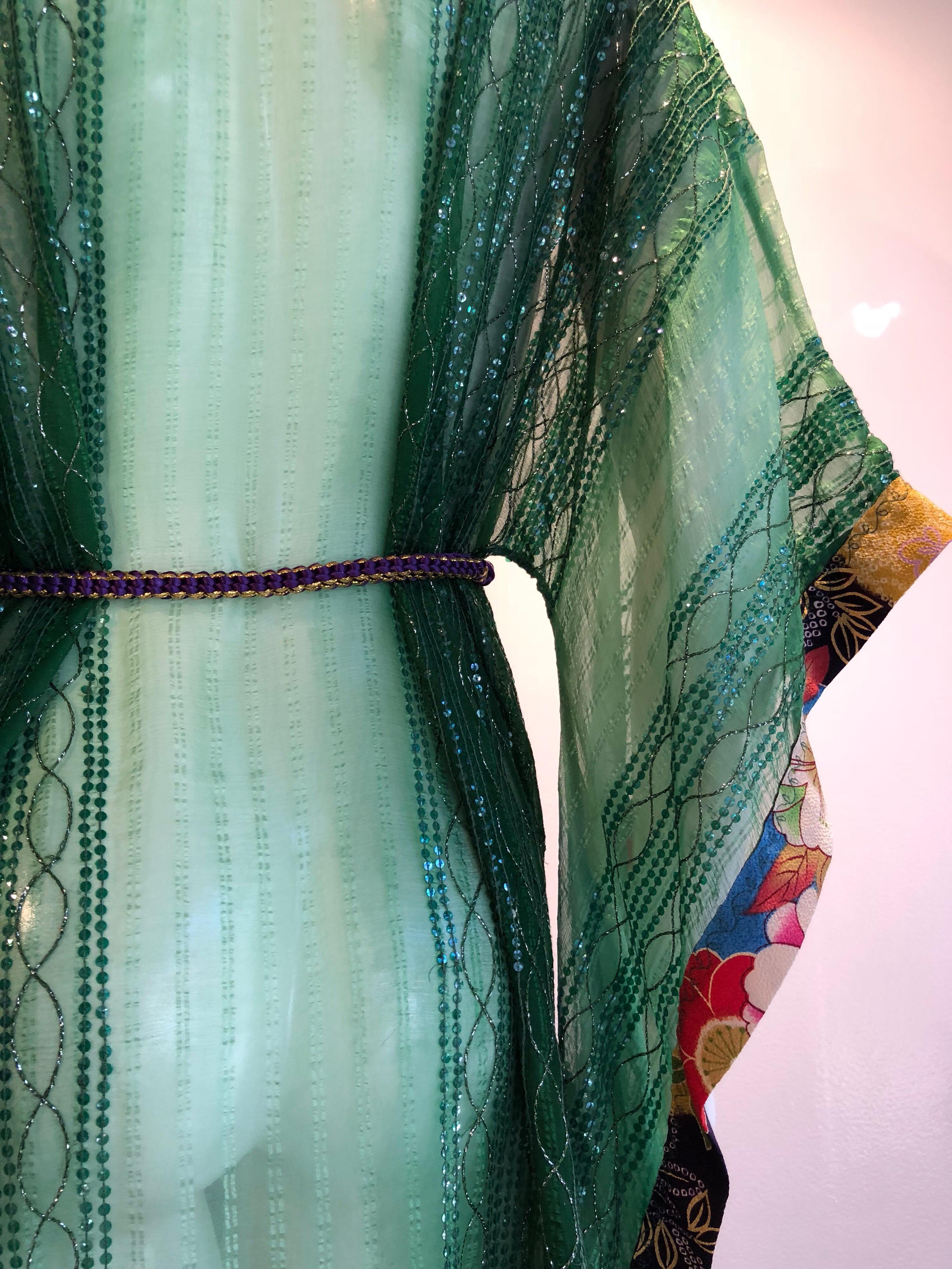 Torso Creations Green Silk Chiffon Kimono-Style Jacket W/ Sequins & Obi Trim  6