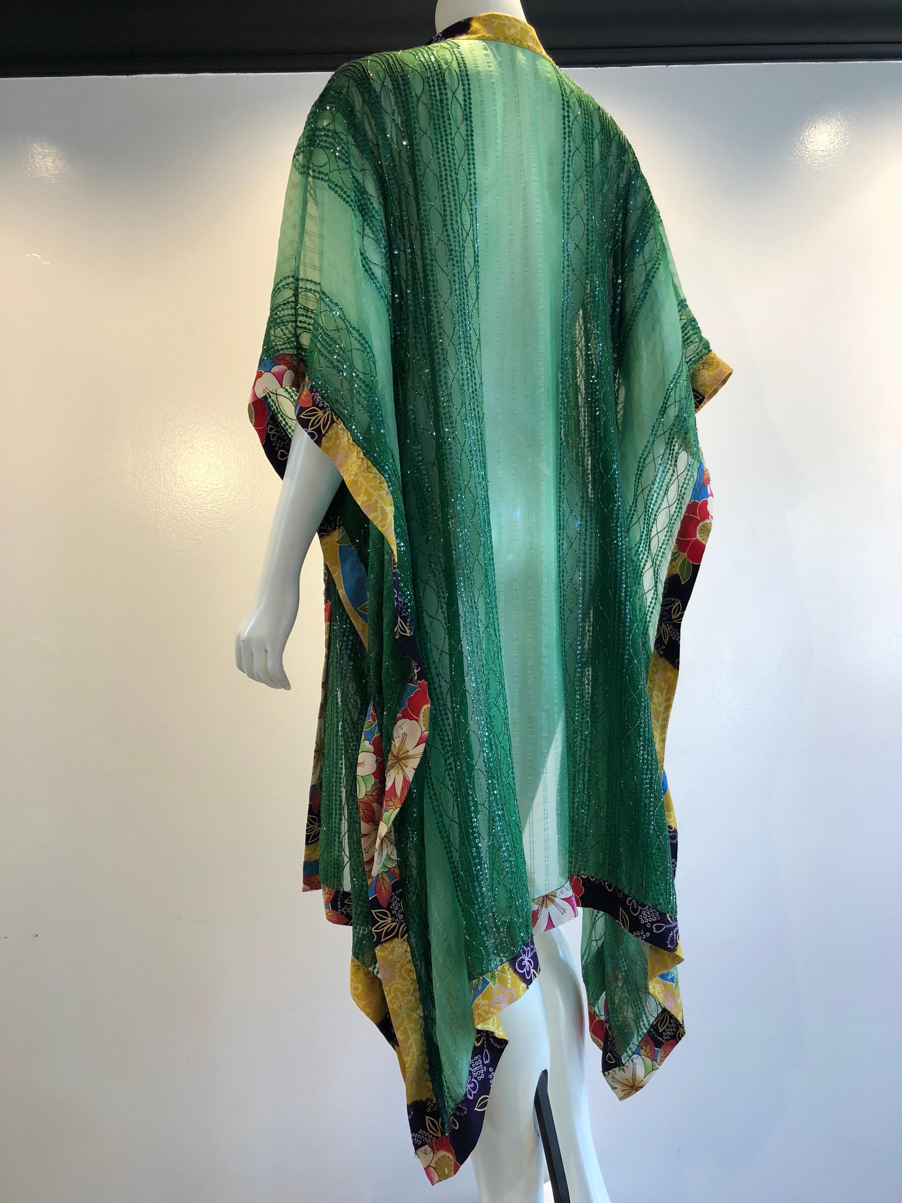 Torso Creations Green Silk Chiffon Kimono-Style Jacket W/ Sequins & Obi Trim  7
