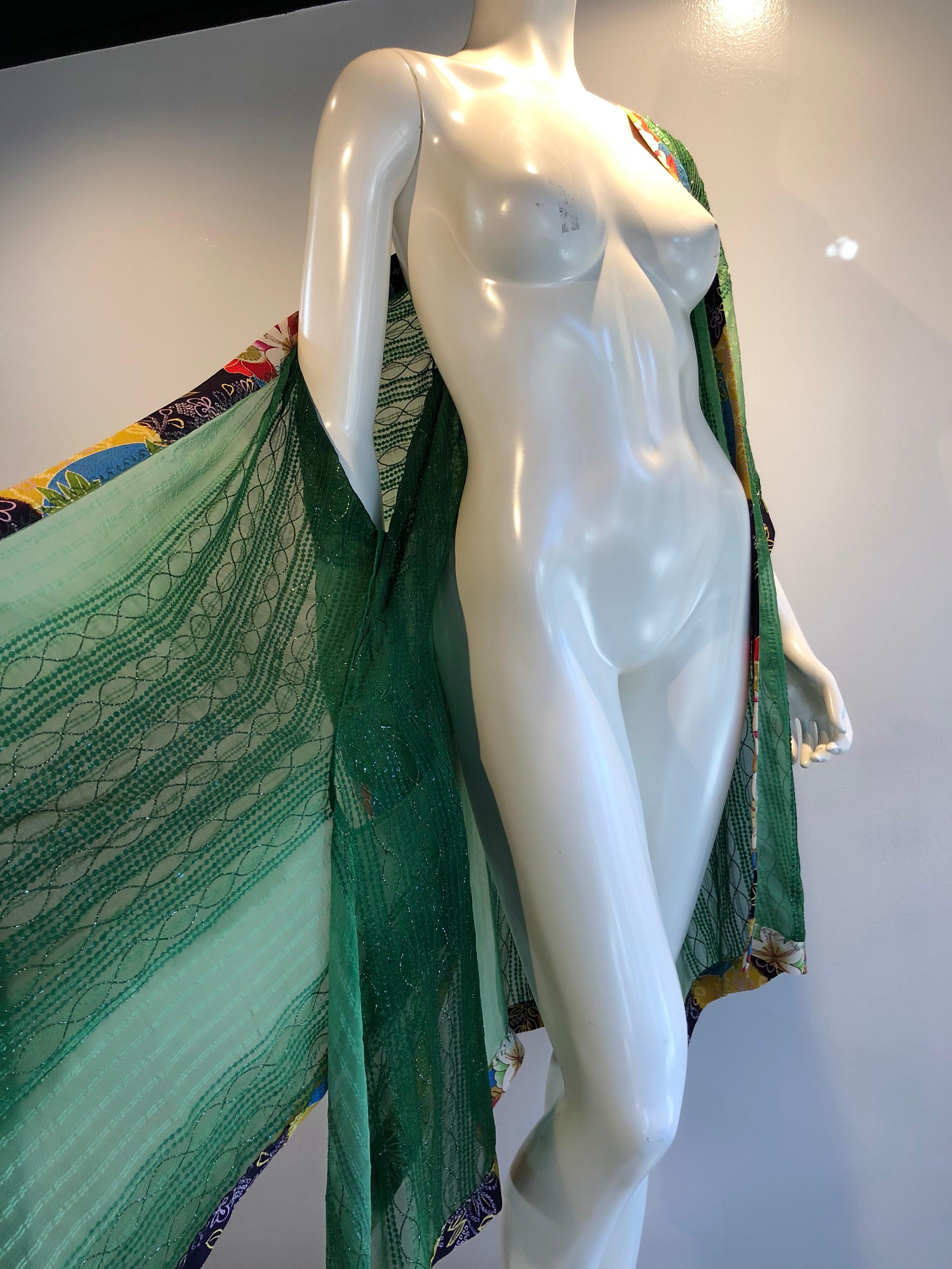 Torso Creations Green Silk Chiffon Kimono-Style Jacket W/ Sequins & Obi Trim  8