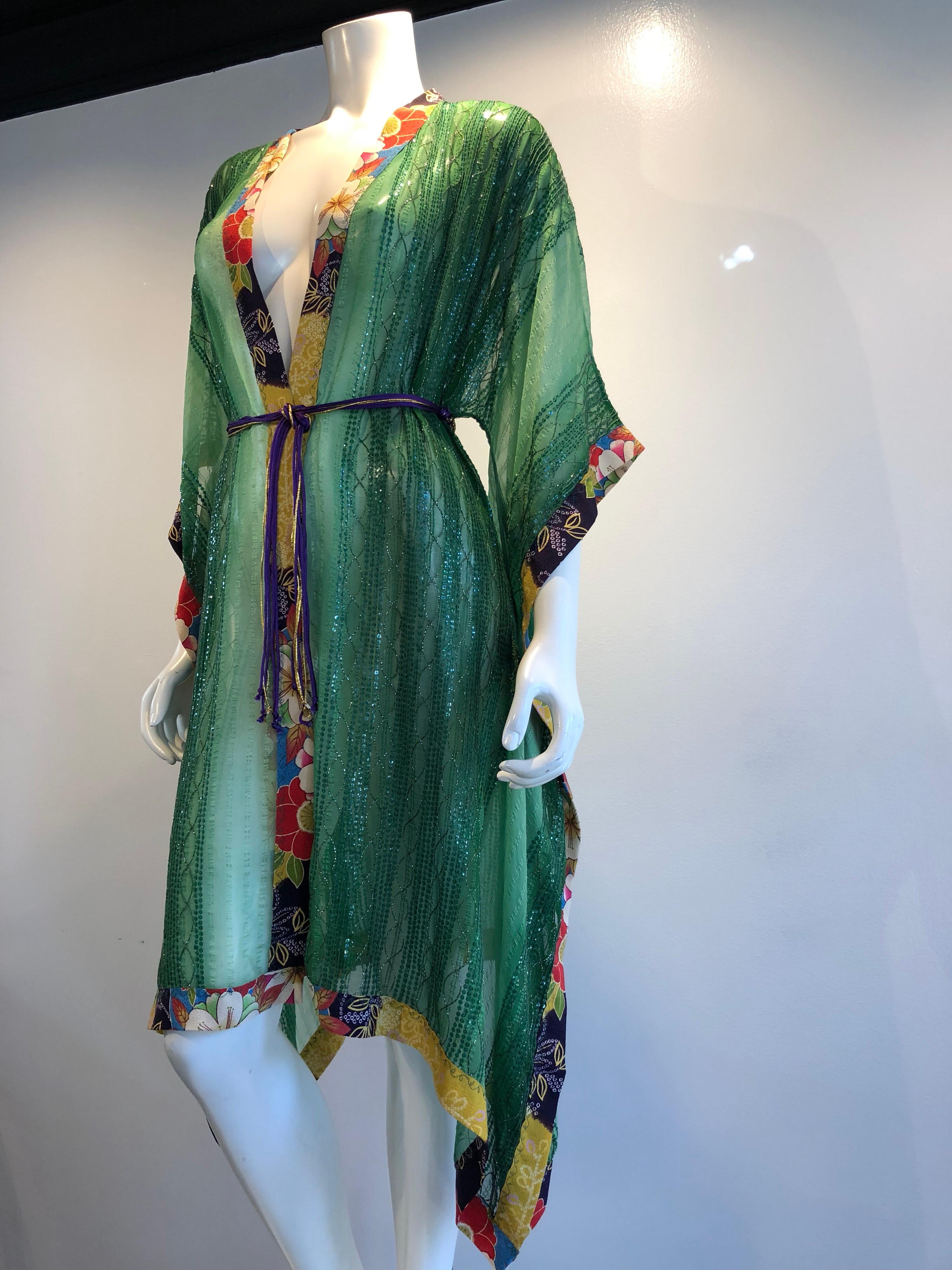 Torso Creations Green Silk Chiffon Kimono-Style Jacket W/ Sequins & Obi Trim. Beautiful vintage textiles reimagined into this stunning lightweight duster jacket. Optional cord belt.