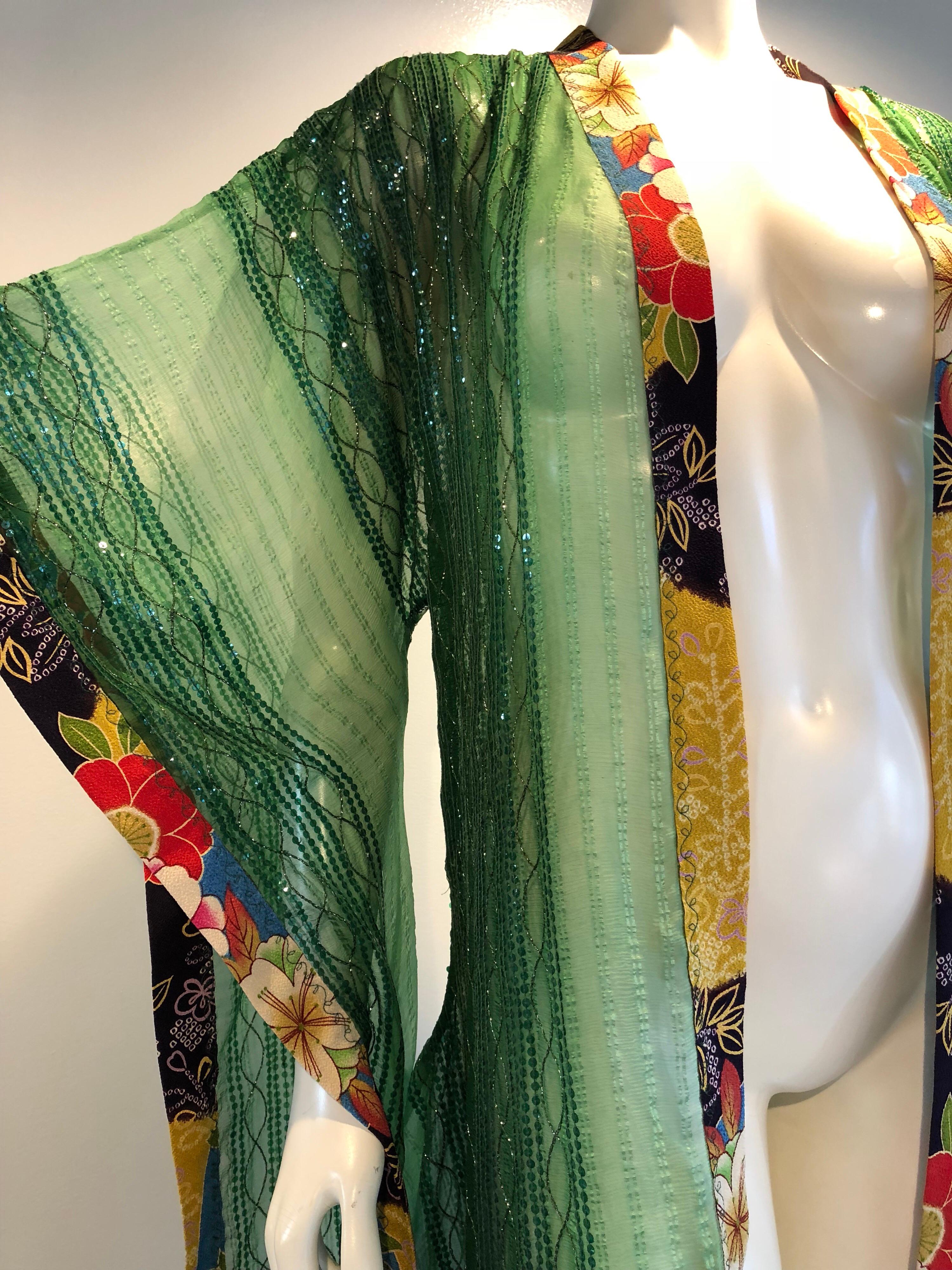 Torso Creations Green Silk Chiffon Kimono-Style Jacket W/ Sequins & Obi Trim  1