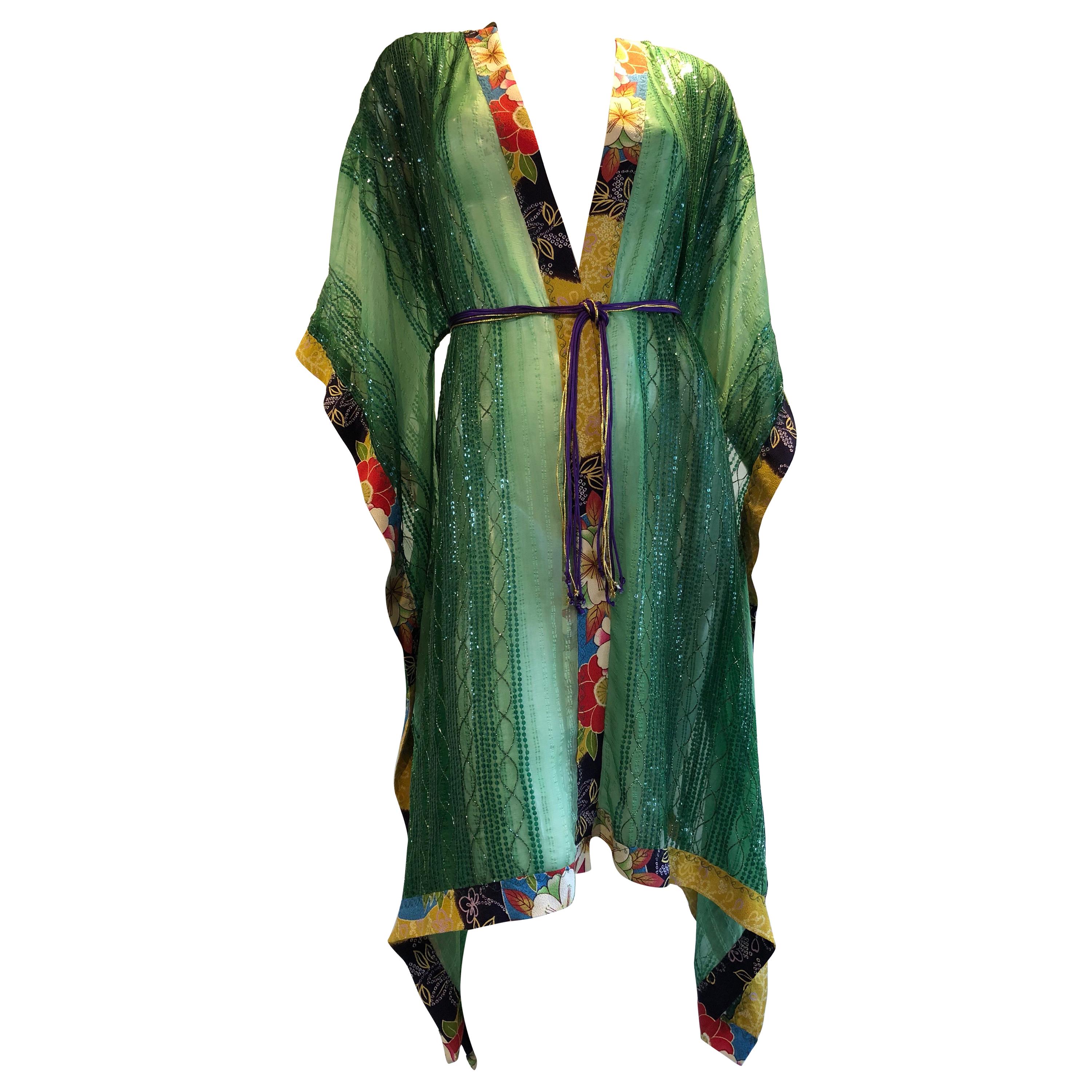 Torso Creations Green Silk Chiffon Kimono-Style Jacket W/ Sequins & Obi Trim 