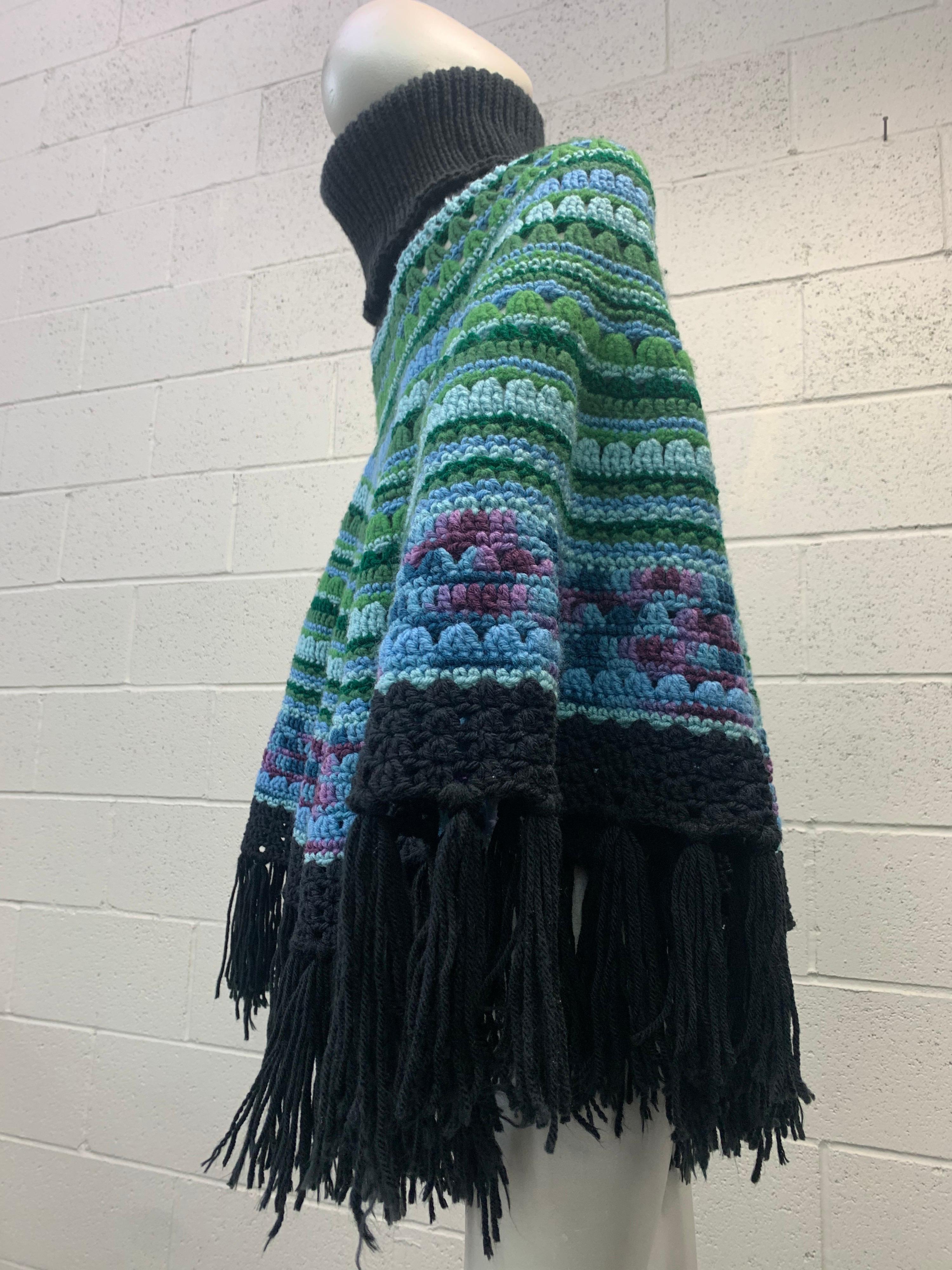 Torso Creations Hand Knit Colorful Poncho W/ Large Funnel Neck & Black Fringe  6