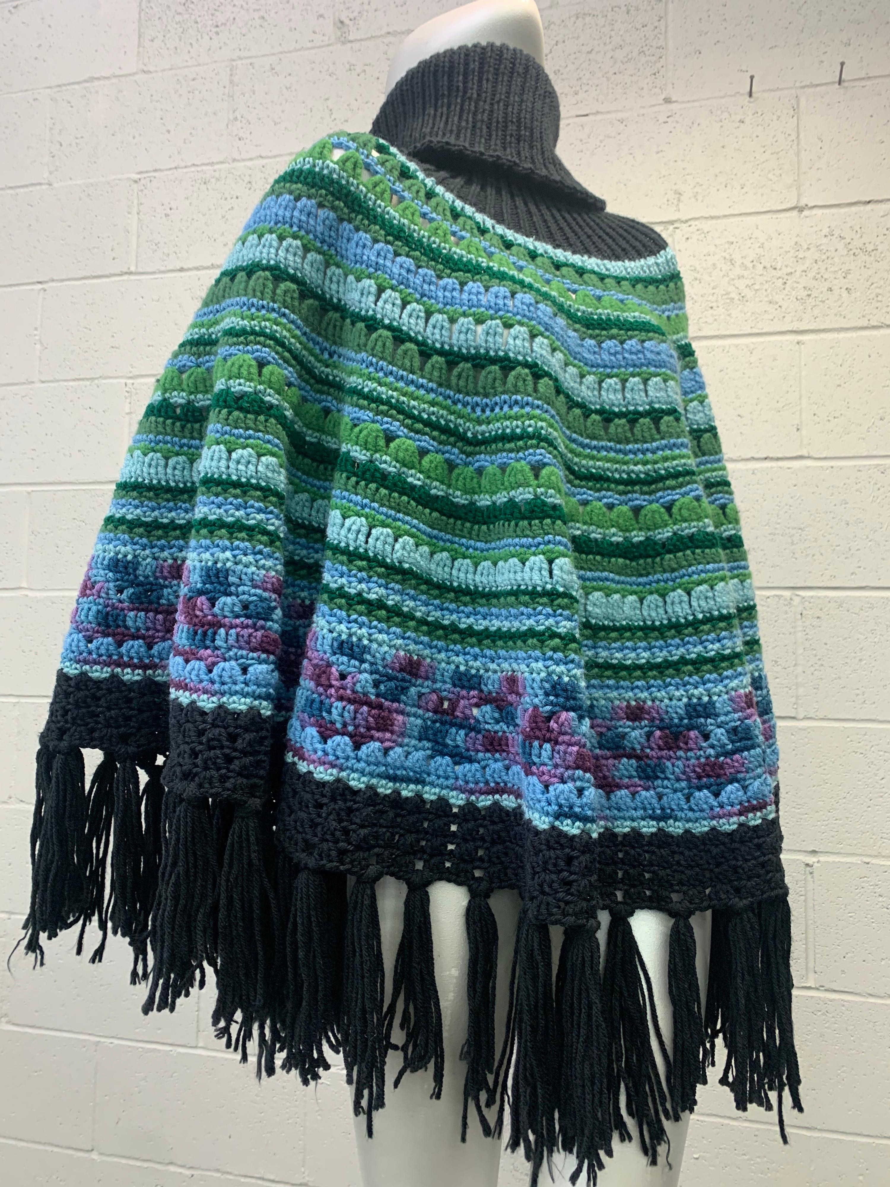 Torso Creations Hand Knit Colorful Poncho W/ Large Funnel Neck & Black Fringe  7