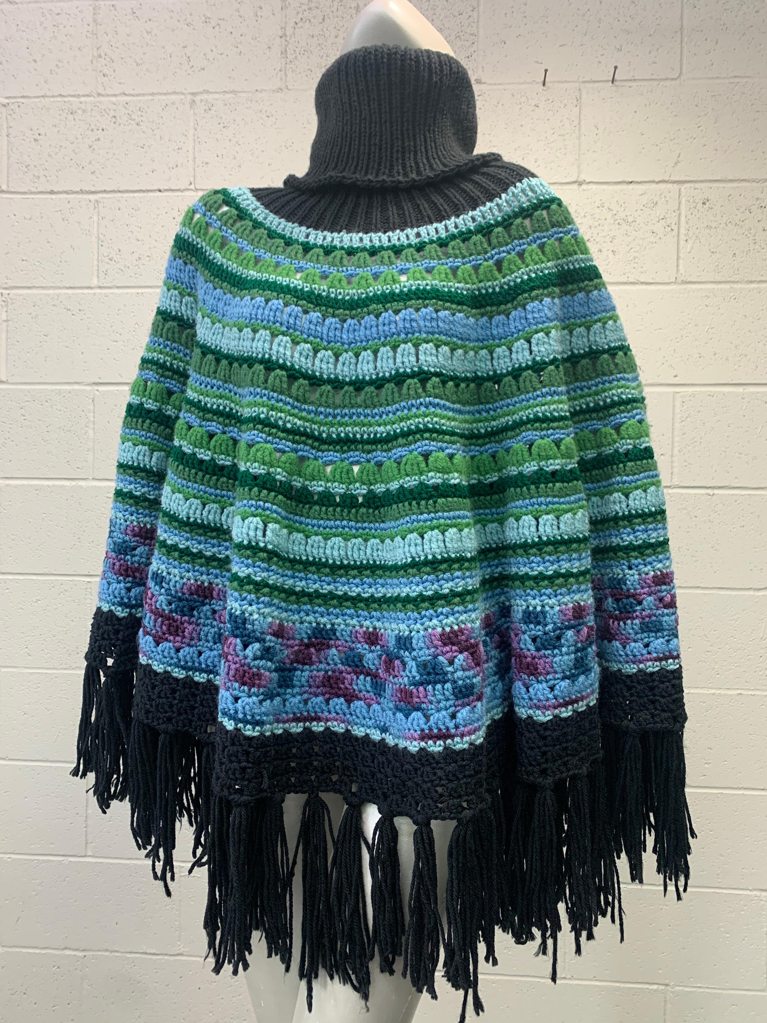 Torso Creations Hand Knit Colorful Poncho W/ Large Funnel Neck & Black Fringe  In Excellent Condition In Gresham, OR