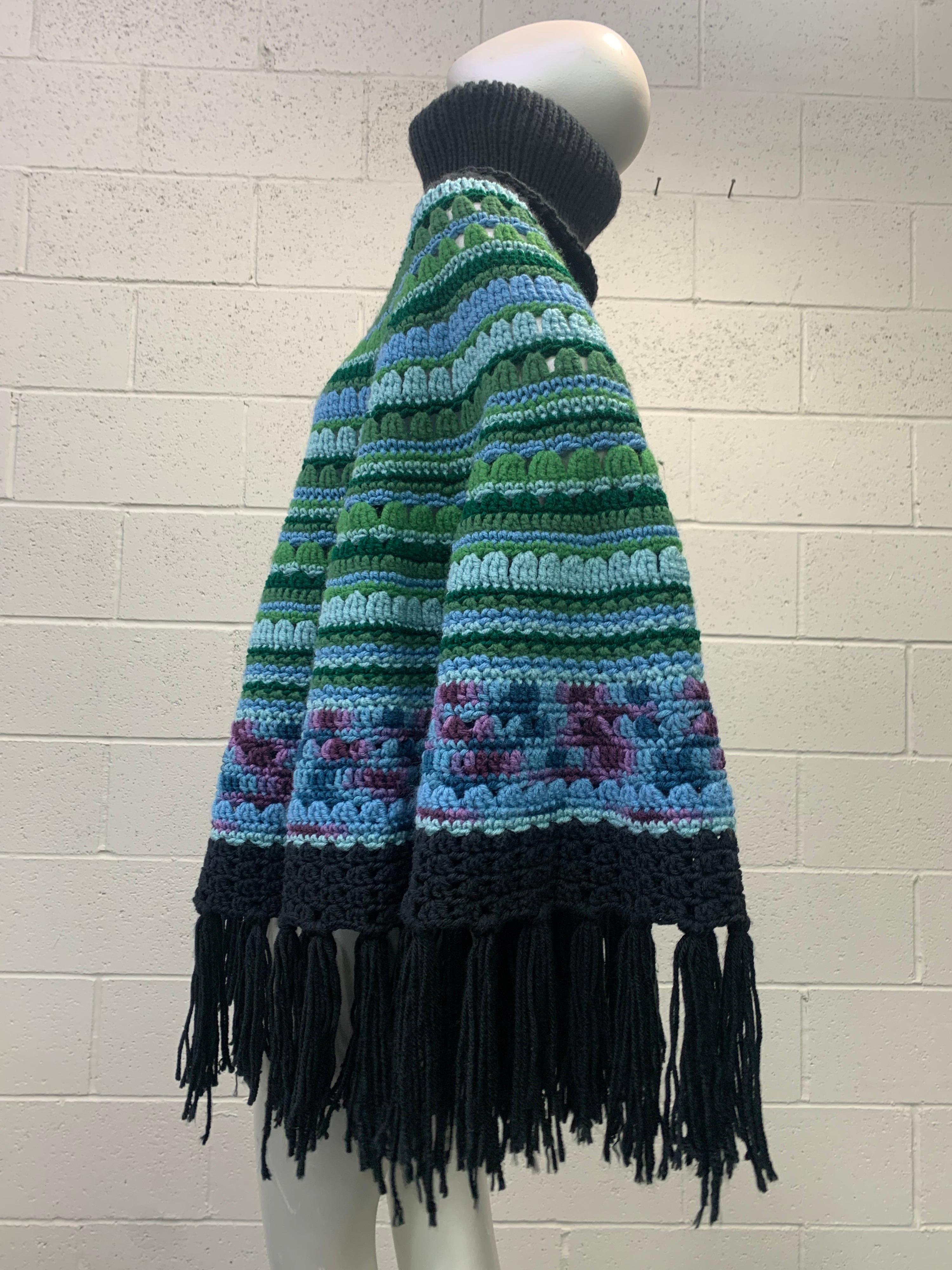 Torso Creations Hand Knit Colorful Poncho W/ Large Funnel Neck & Black Fringe  1