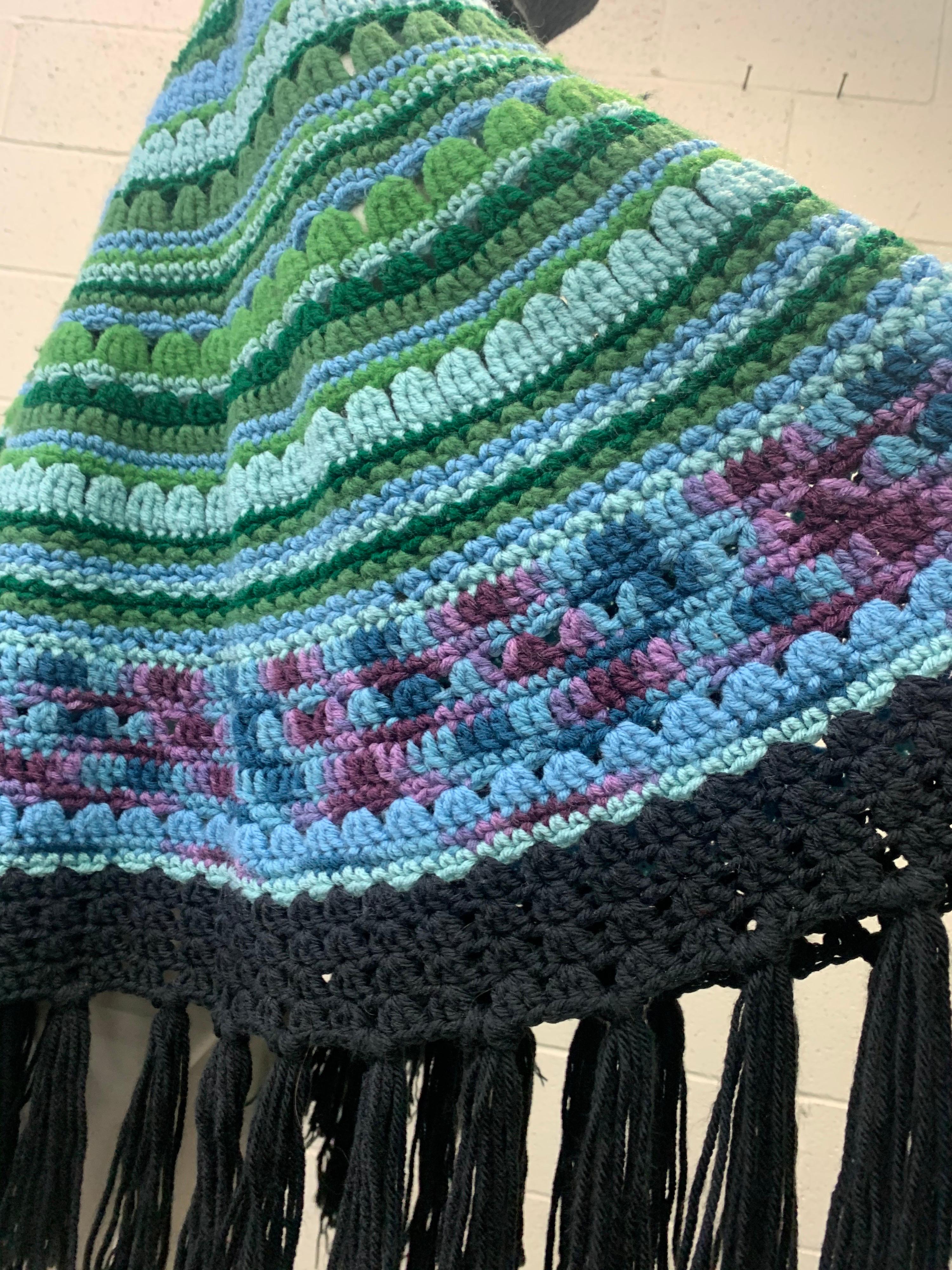 Torso Creations Hand Knit Colorful Poncho W/ Large Funnel Neck & Black Fringe  2