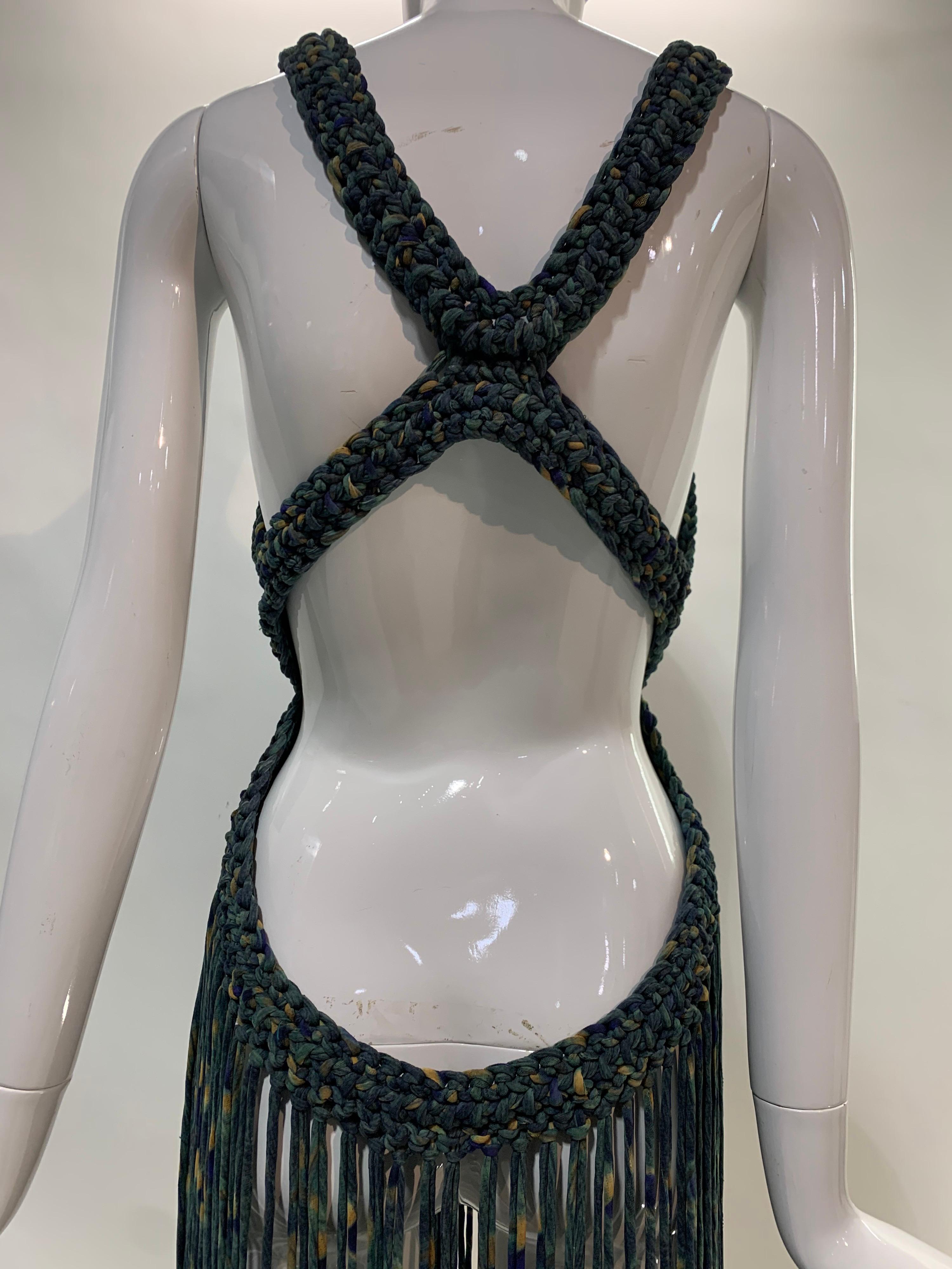 Women's Torso Creations Hand-Macrame Halter Swimsuit Coverup w/ Heavy Fringe & Front Tie For Sale