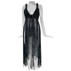Torso Creations Hand-Macrame Halter Swimsuit Coverup w/ Heavy Fringe & Front Tie