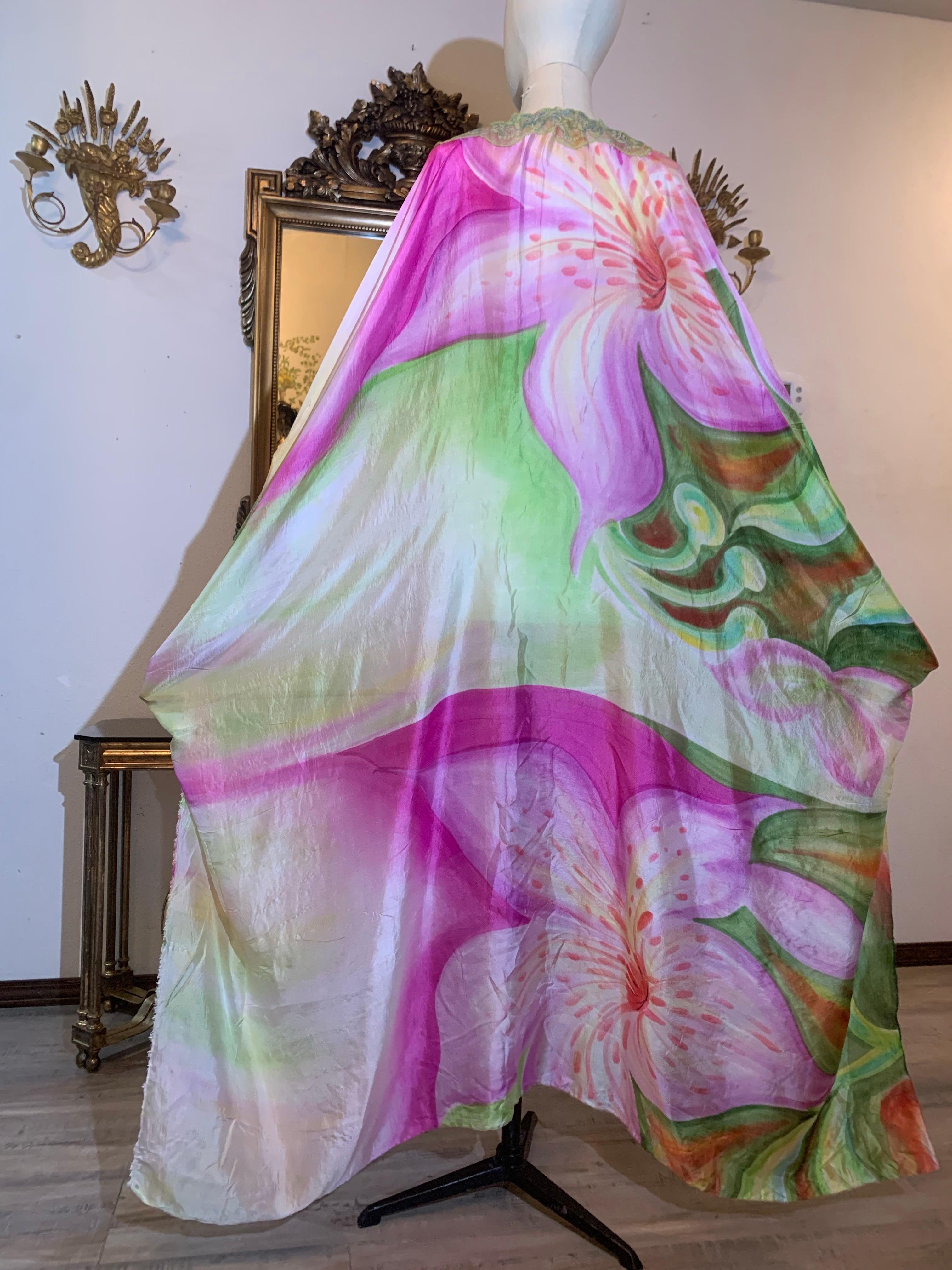 Torso Creations Hand-Painted Floral Silk Lingerie Lounging Caftan w Lace Trim For Sale 5