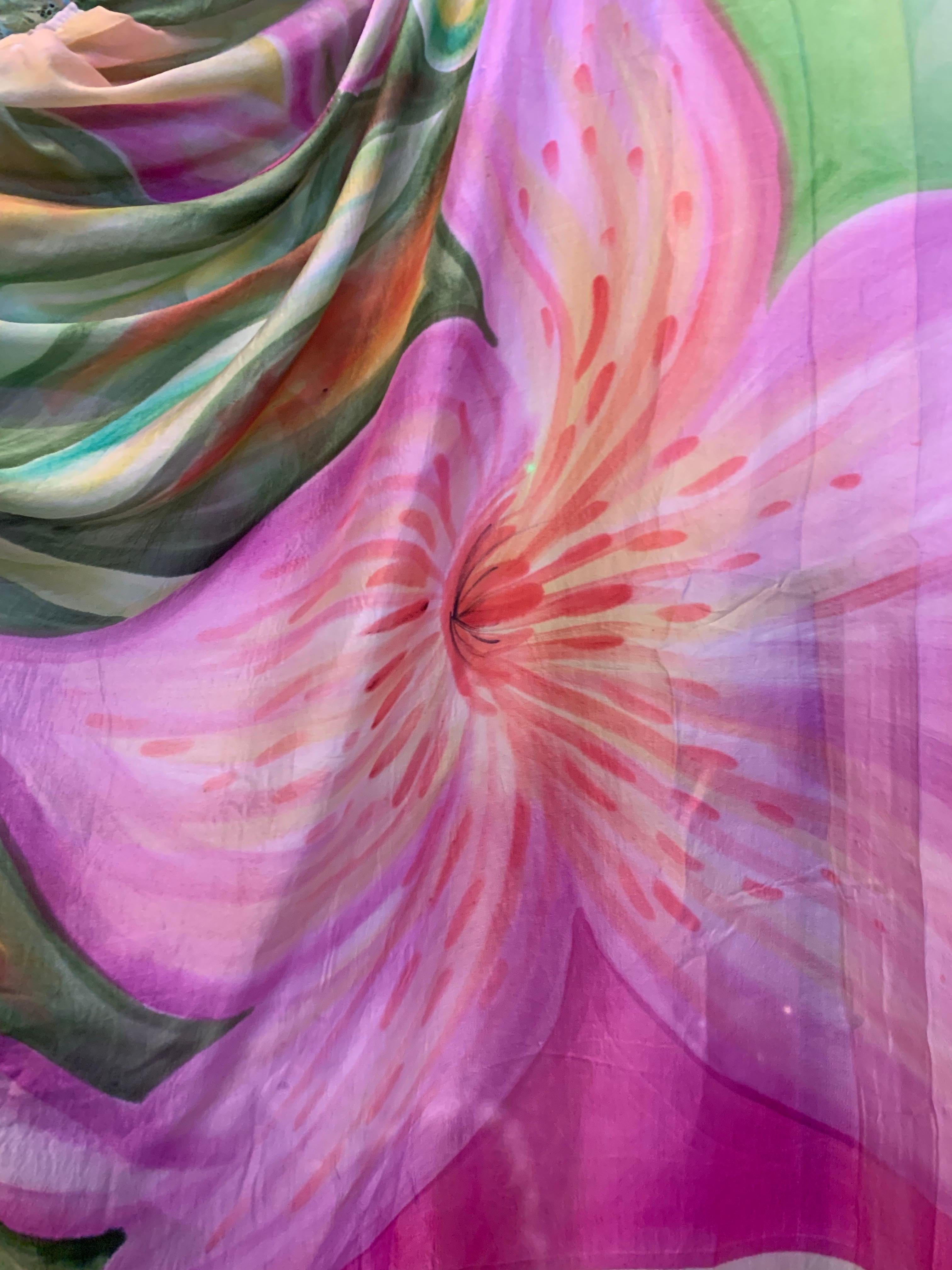 Torso Creations Hand-Painted Floral Silk Lingerie Lounging Caftan w Lace Trim For Sale 6