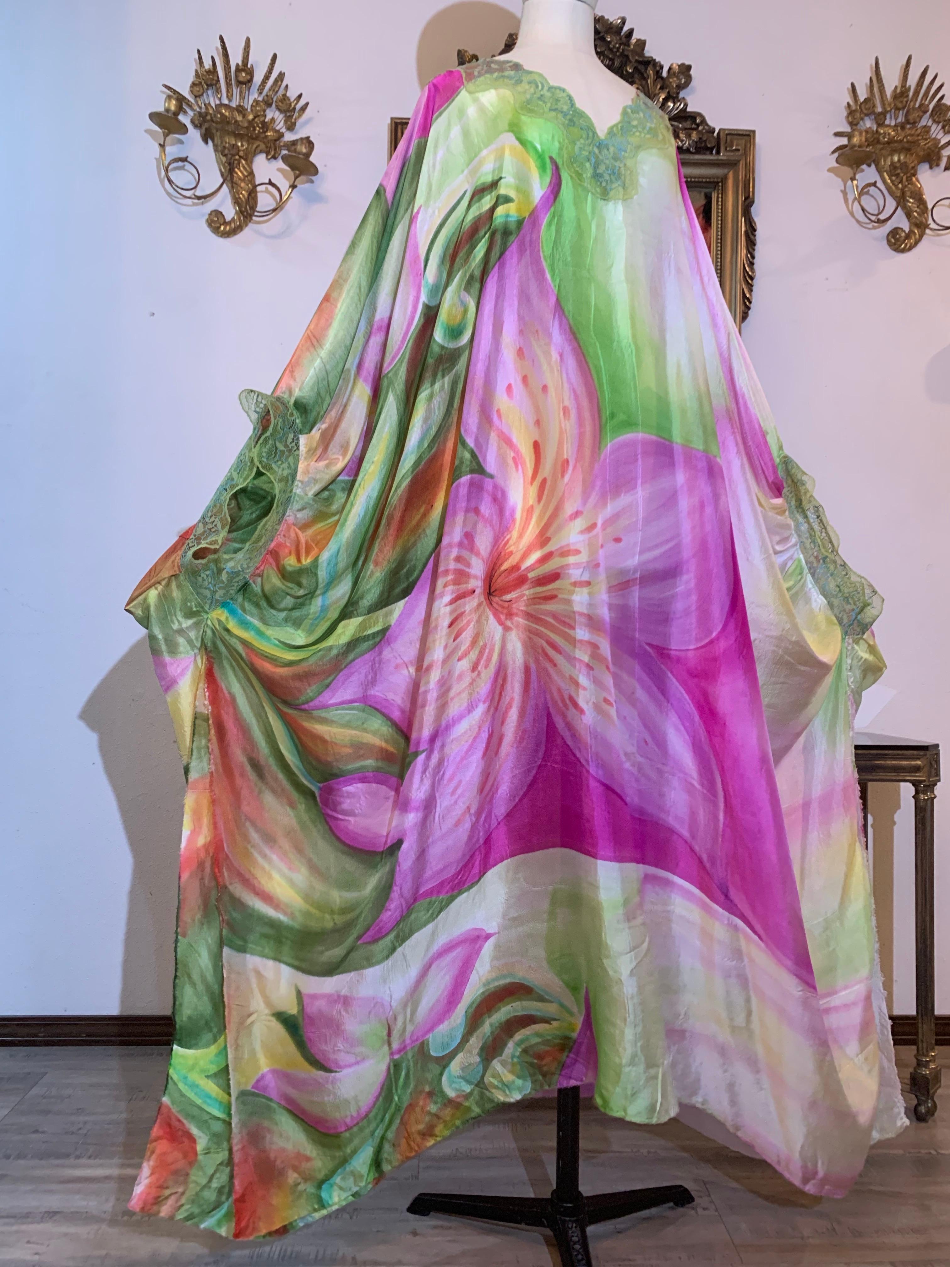 Torso Creations Hand-Painted Floral Silk Lingerie Lounging Caftan w Lace Trim For Sale 7