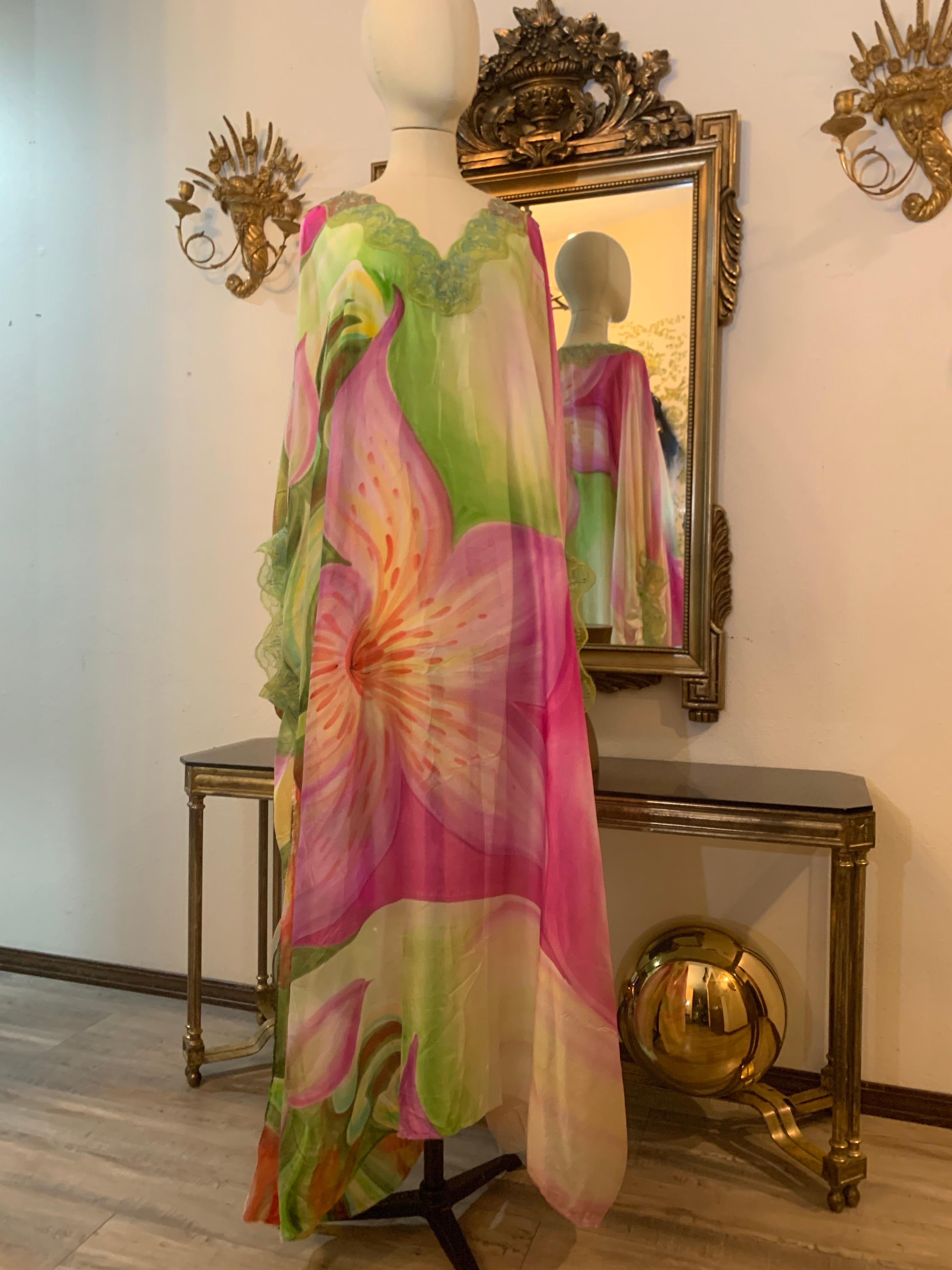 Torso Creations Hand-Painted Floral Silk Lingerie Lounging Caftan w Lace Trim For Sale 8