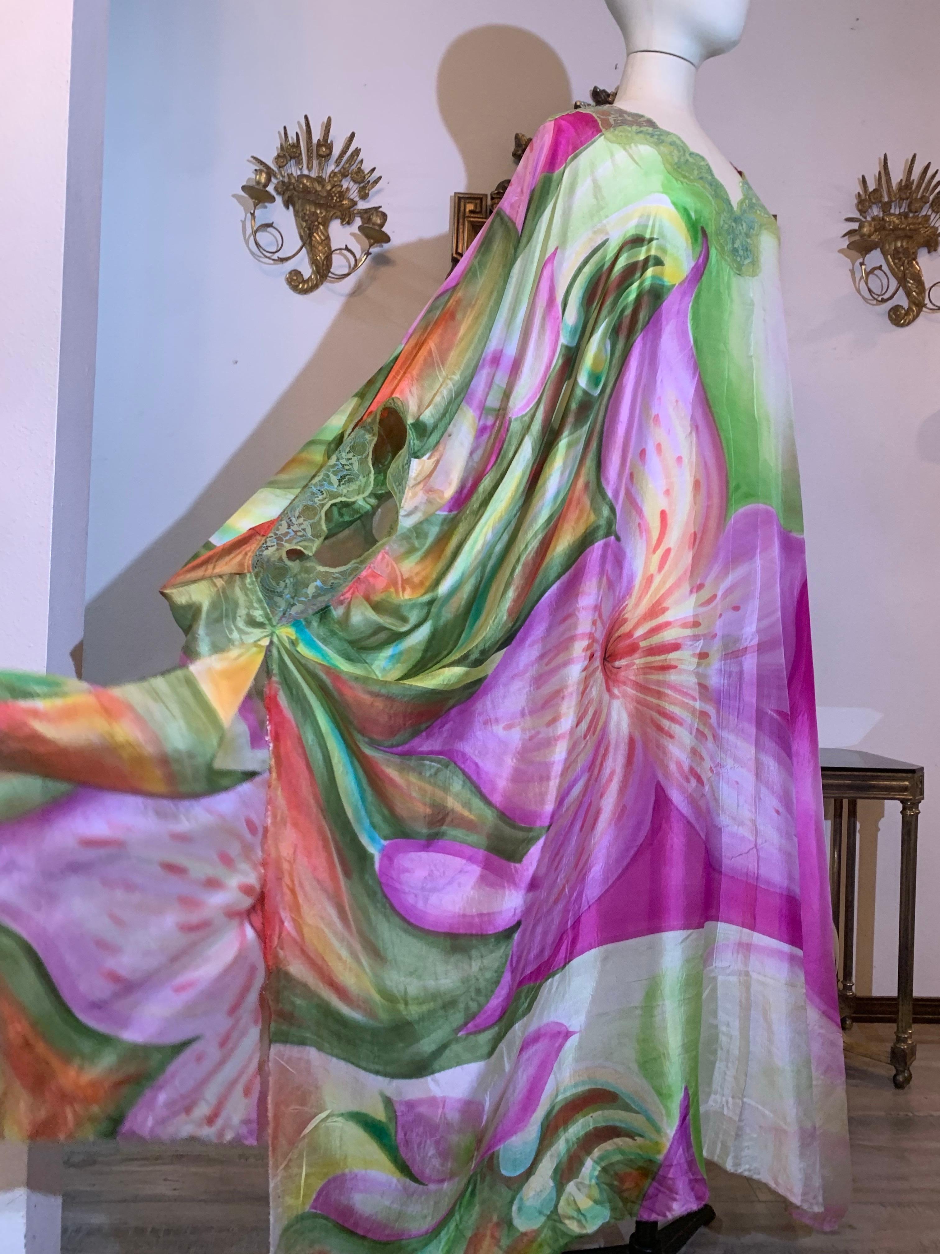 Torso Creations Hand-Painted Floral Silk Lingerie Lounging Caftan w Lace Trim For Sale 10