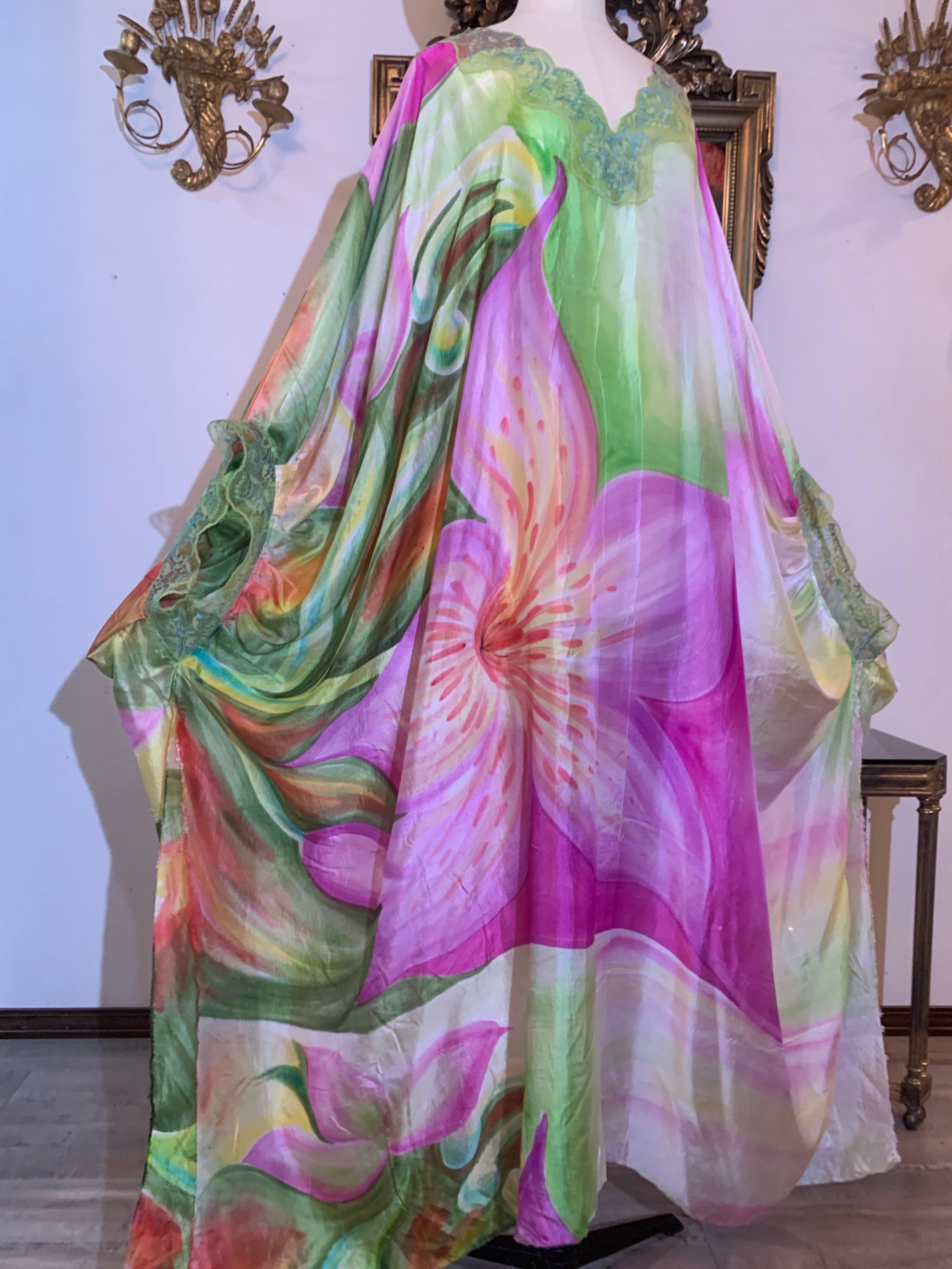 Torso Creations Hand-Painted Floral Silk Lingerie Lounging Caftan w Lace Trim For Sale 11