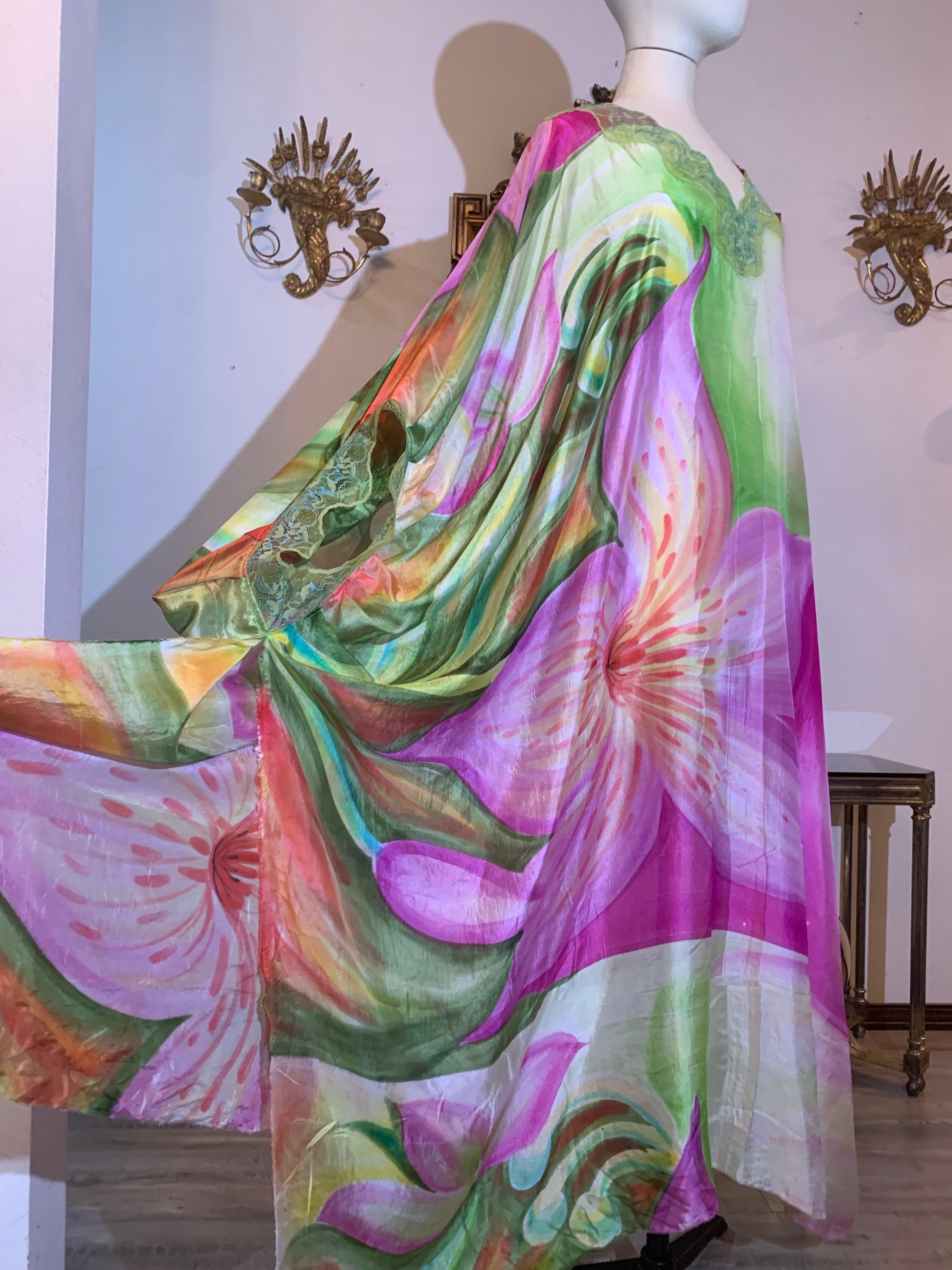 Torso Creations Hand-Painted Floral Silk Lingerie Lounging Caftan w Lace Trim For Sale 12