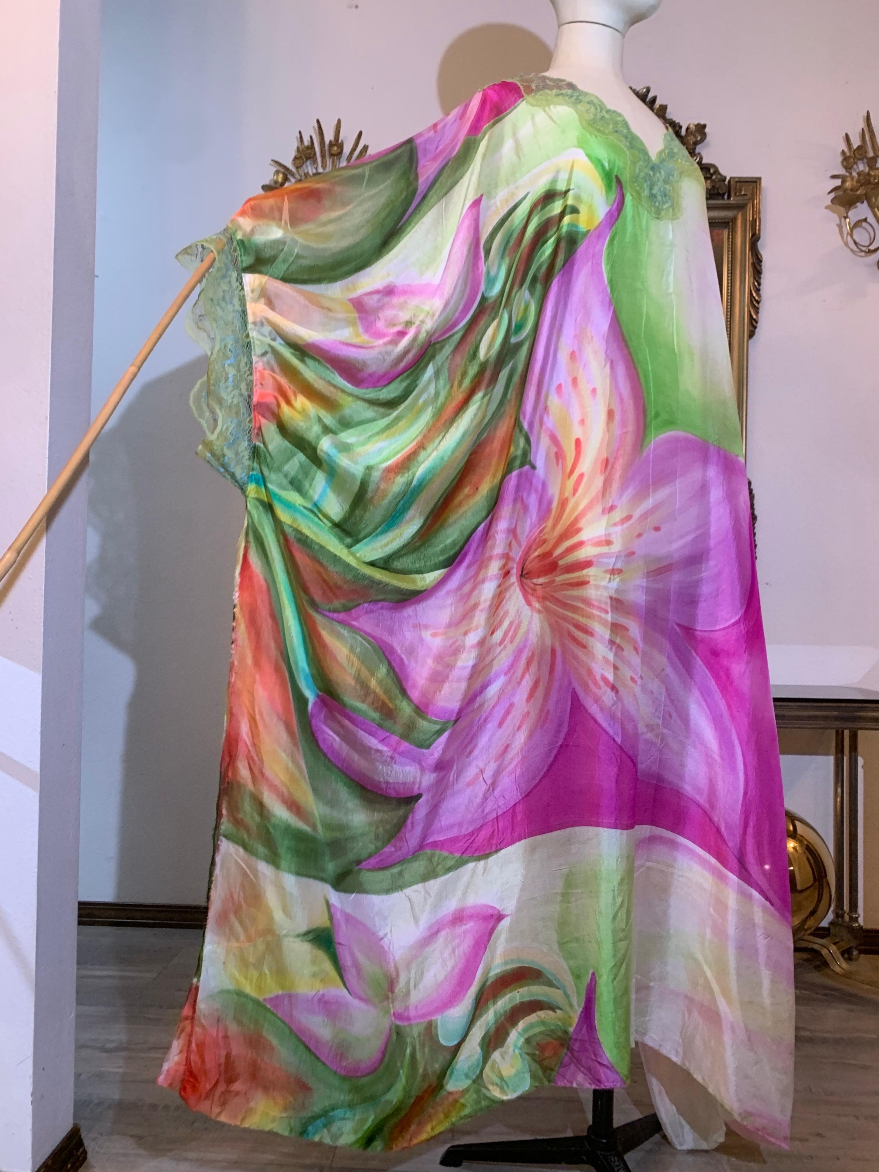 Gray Torso Creations Hand-Painted Floral Silk Lingerie Lounging Caftan w Lace Trim For Sale