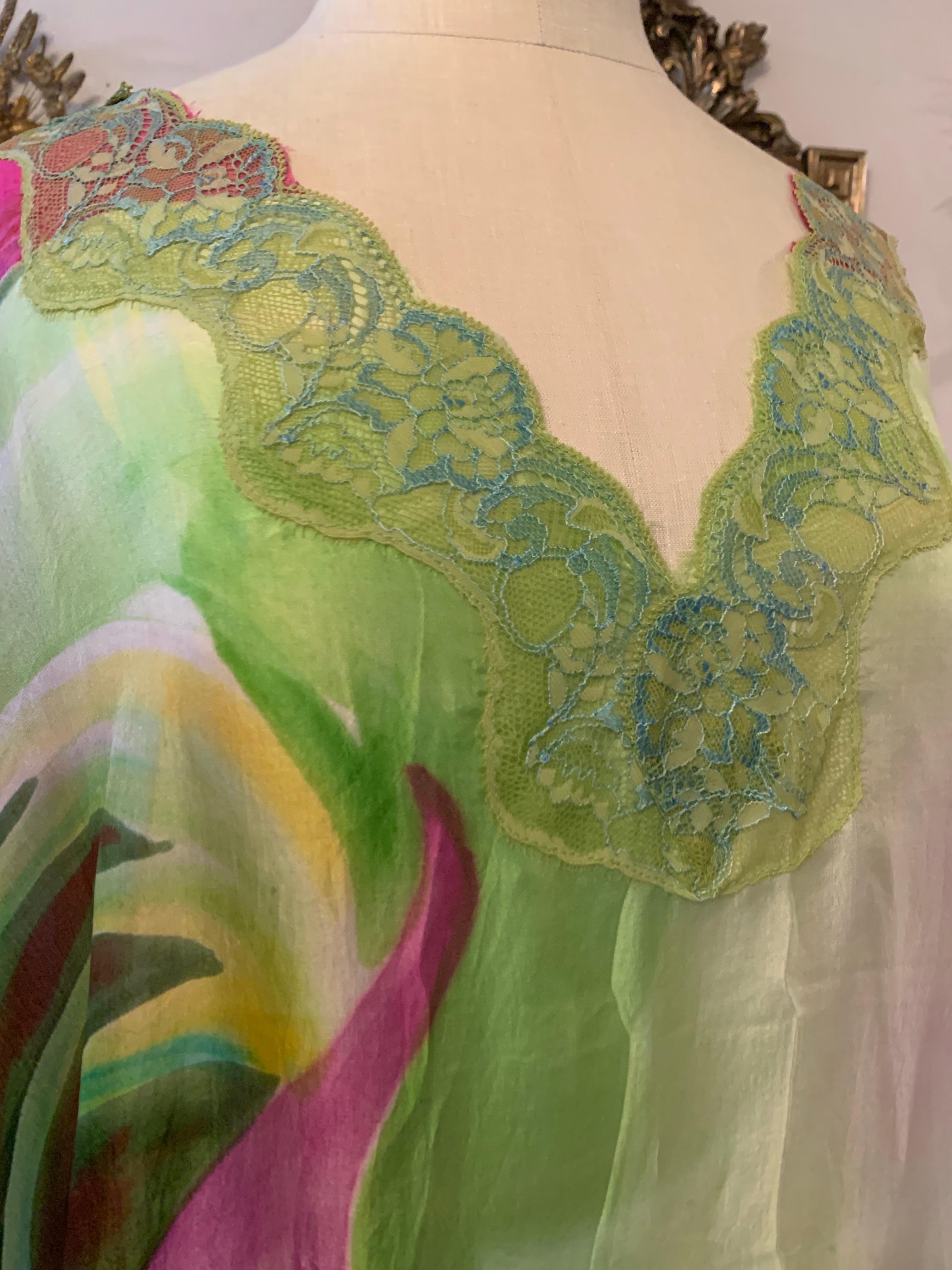 Women's Torso Creations Hand-Painted Floral Silk Lingerie Lounging Caftan w Lace Trim For Sale