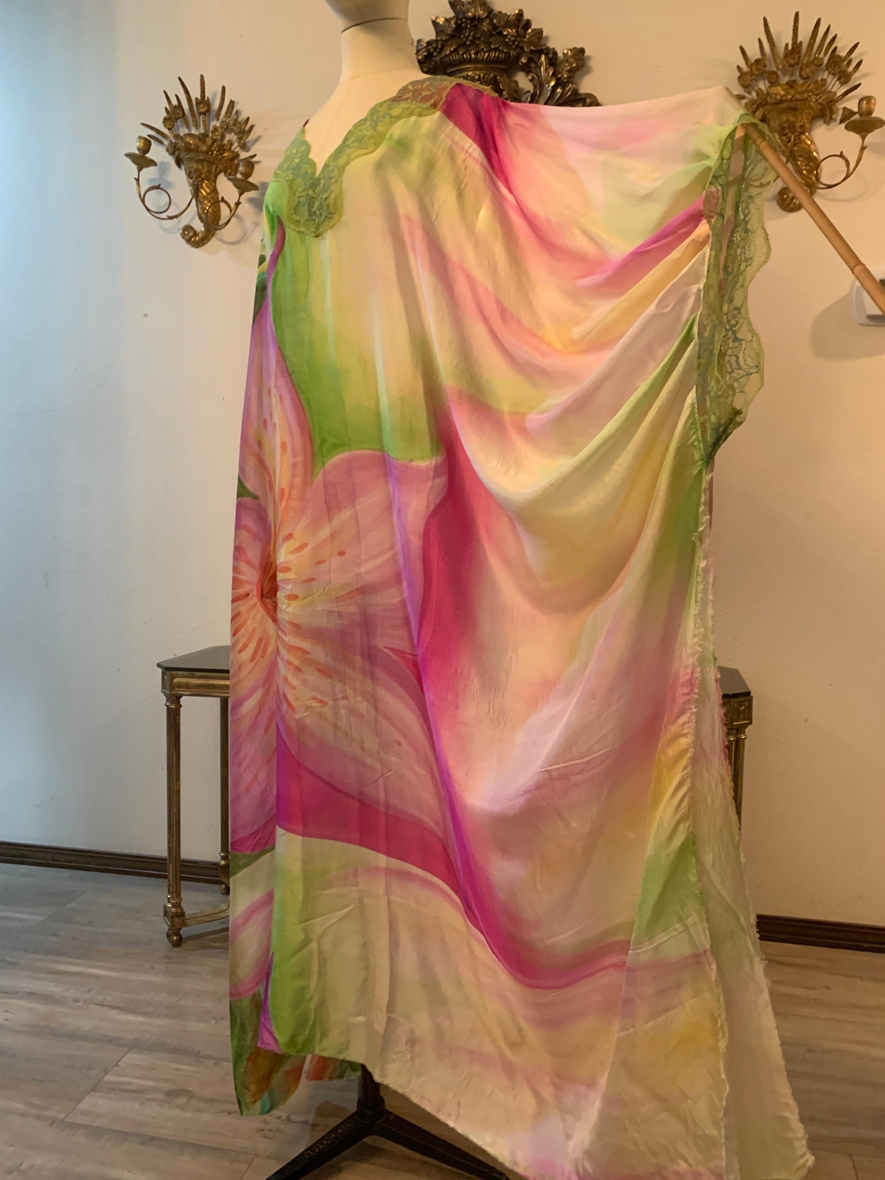 Torso Creations Hand-Painted Floral Silk Lingerie Lounging Caftan w Lace Trim For Sale 1