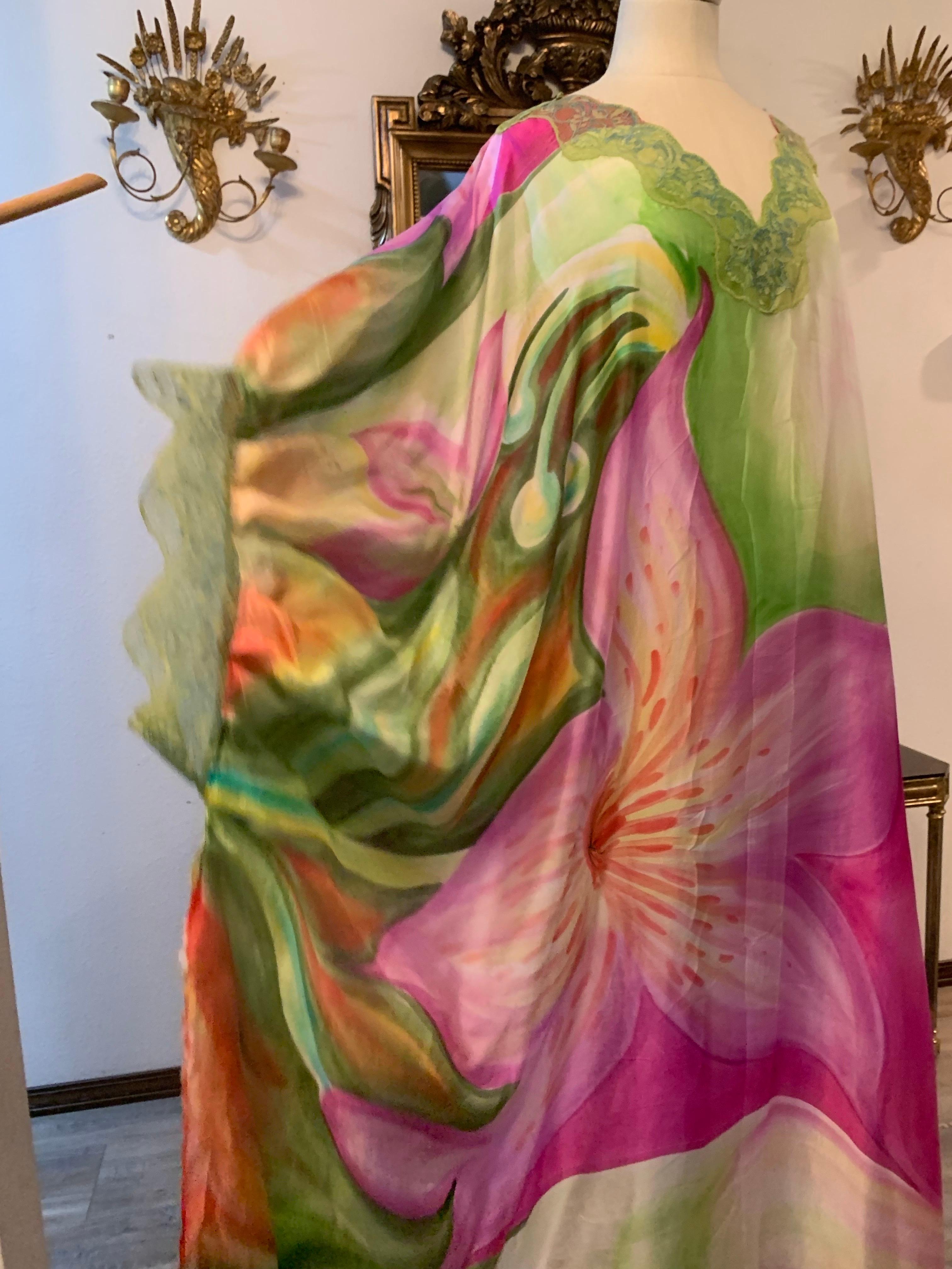 Torso Creations Hand-Painted Floral Silk Lingerie Lounging Caftan w Lace Trim For Sale 2