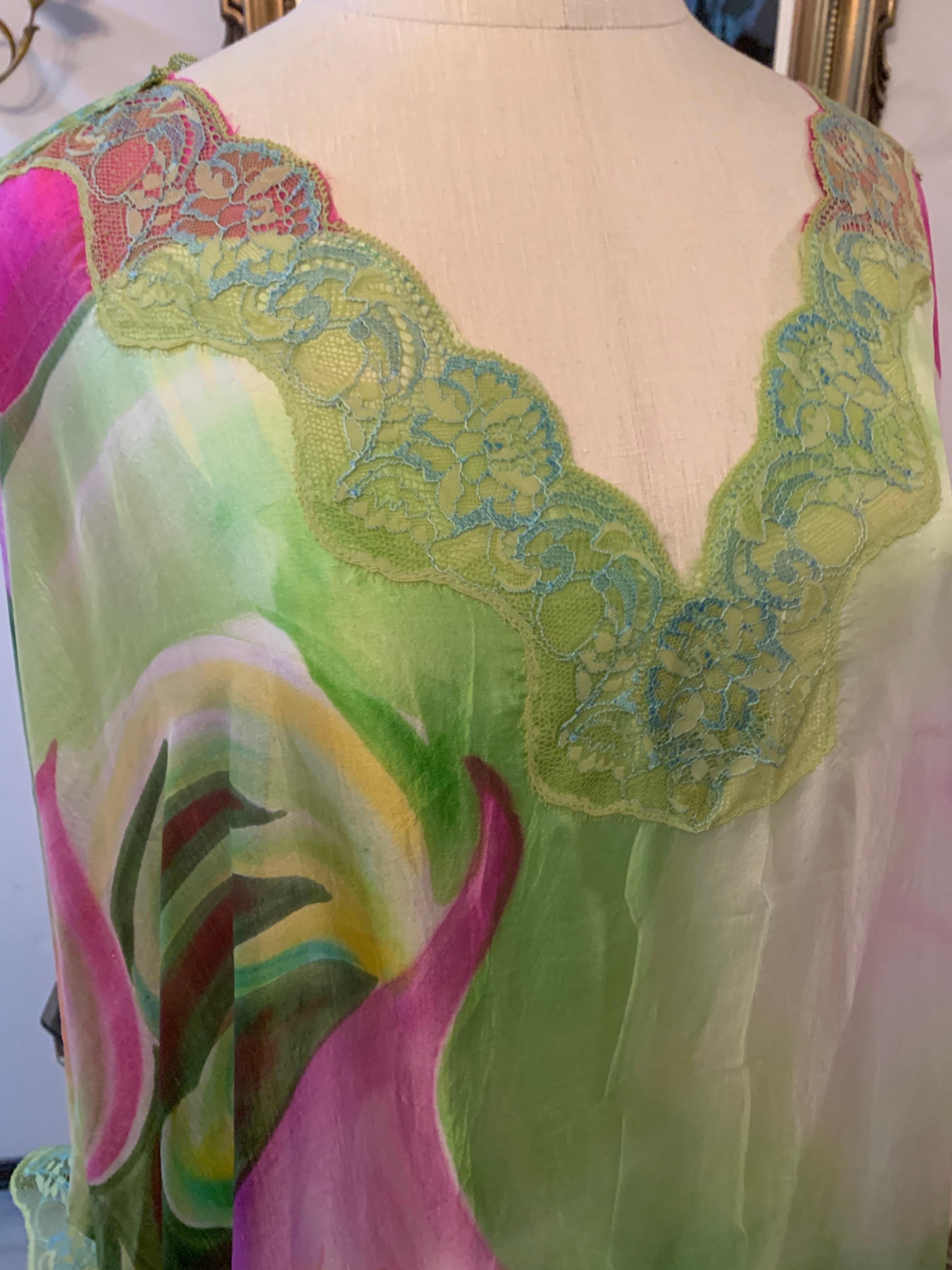 Torso Creations Hand-Painted Floral Silk Lingerie Lounging Caftan w Lace Trim For Sale 3
