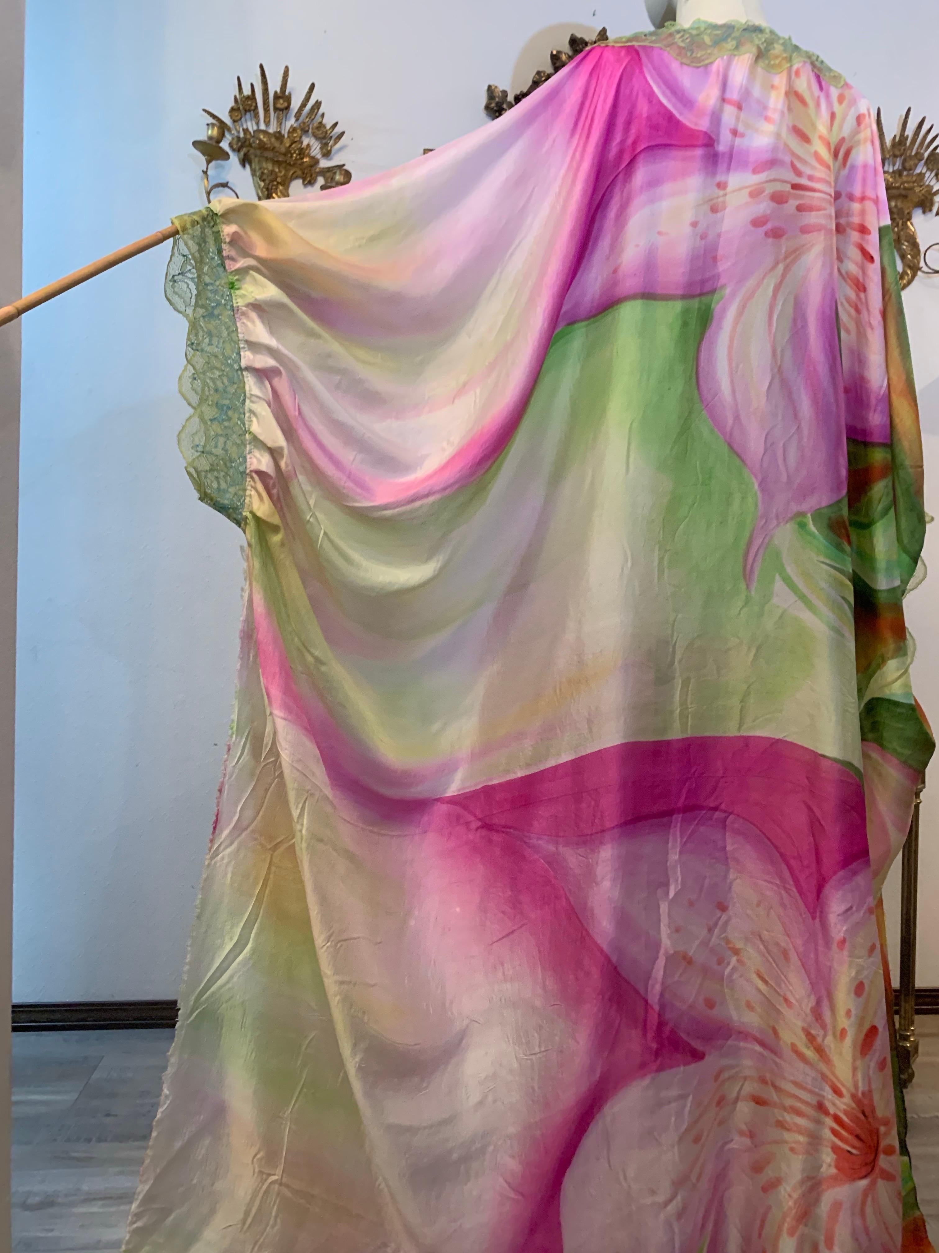 Torso Creations Hand-Painted Floral Silk Lingerie Lounging Caftan w Lace Trim For Sale 4