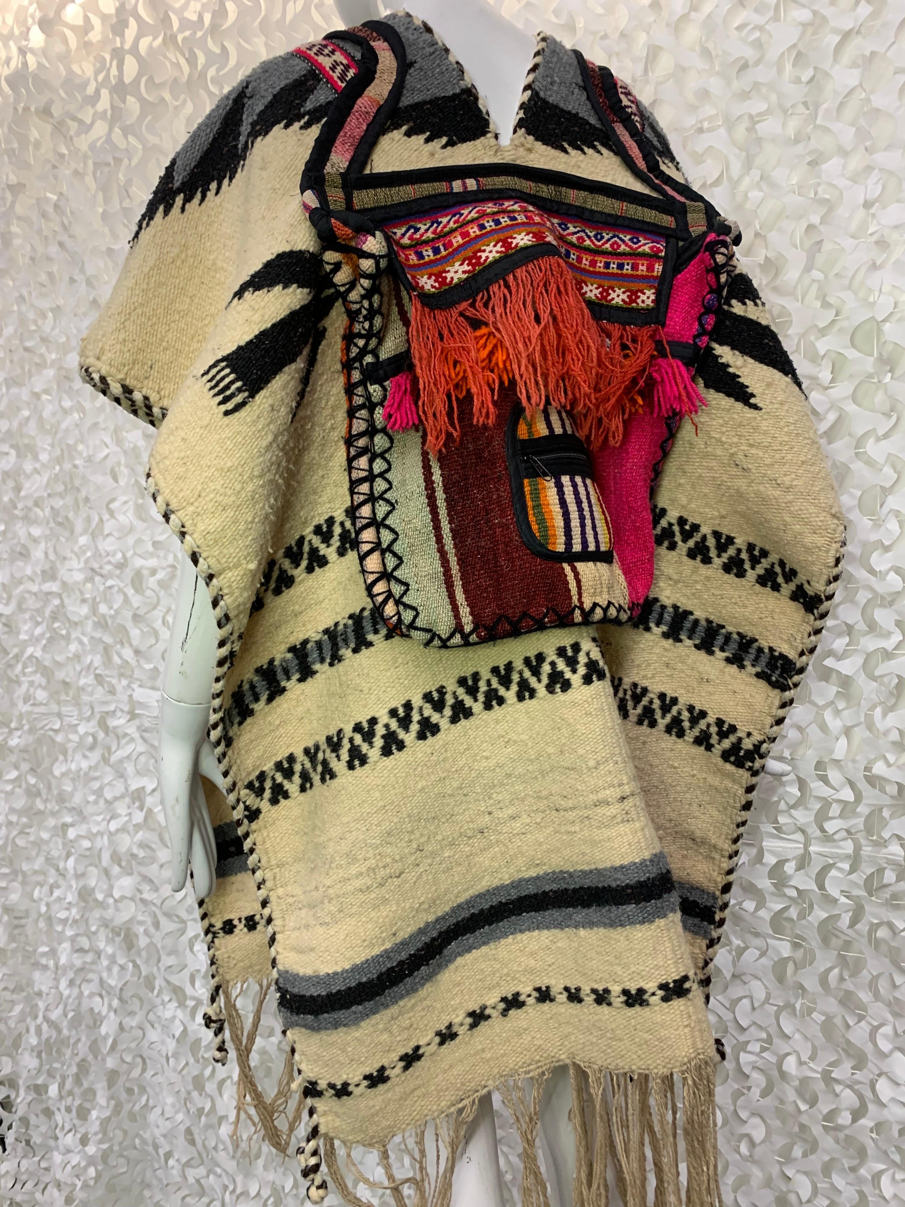 Torso Creations Hand-Woven Folkloric Poncho w Colorfully Woven Pouch Pockets For Sale 11