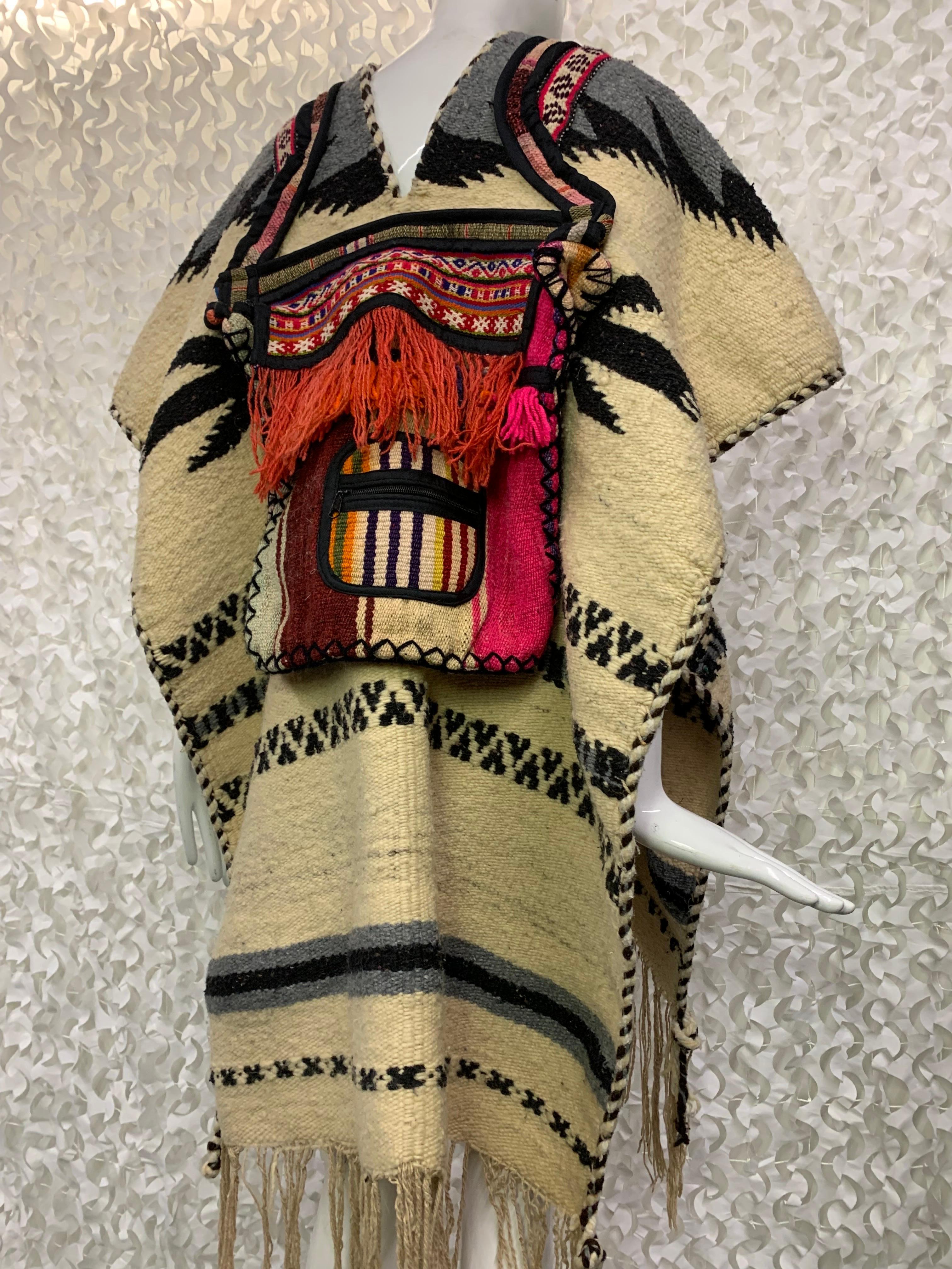 Torso Creations Hand-Woven Folkloric Poncho w Colorfully Woven Pouch Pockets:  We've taken liberties with a traditional South American wool poncho and added hand-made front and back pouch pockets in colorful fringe. Front diamond pocket has side zip