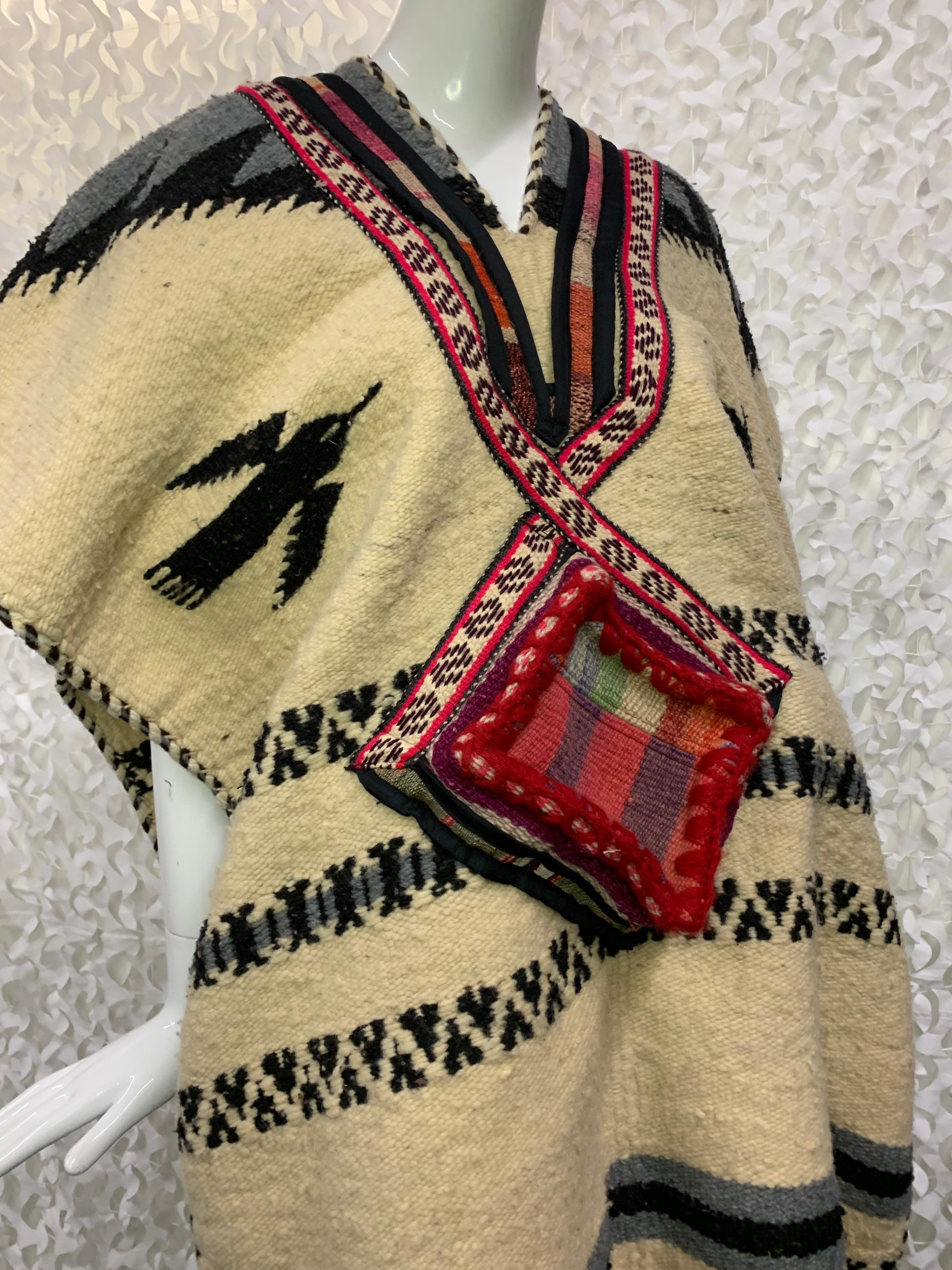 Brown Torso Creations Hand-Woven Folkloric Poncho w Colorfully Woven Pouch Pockets For Sale