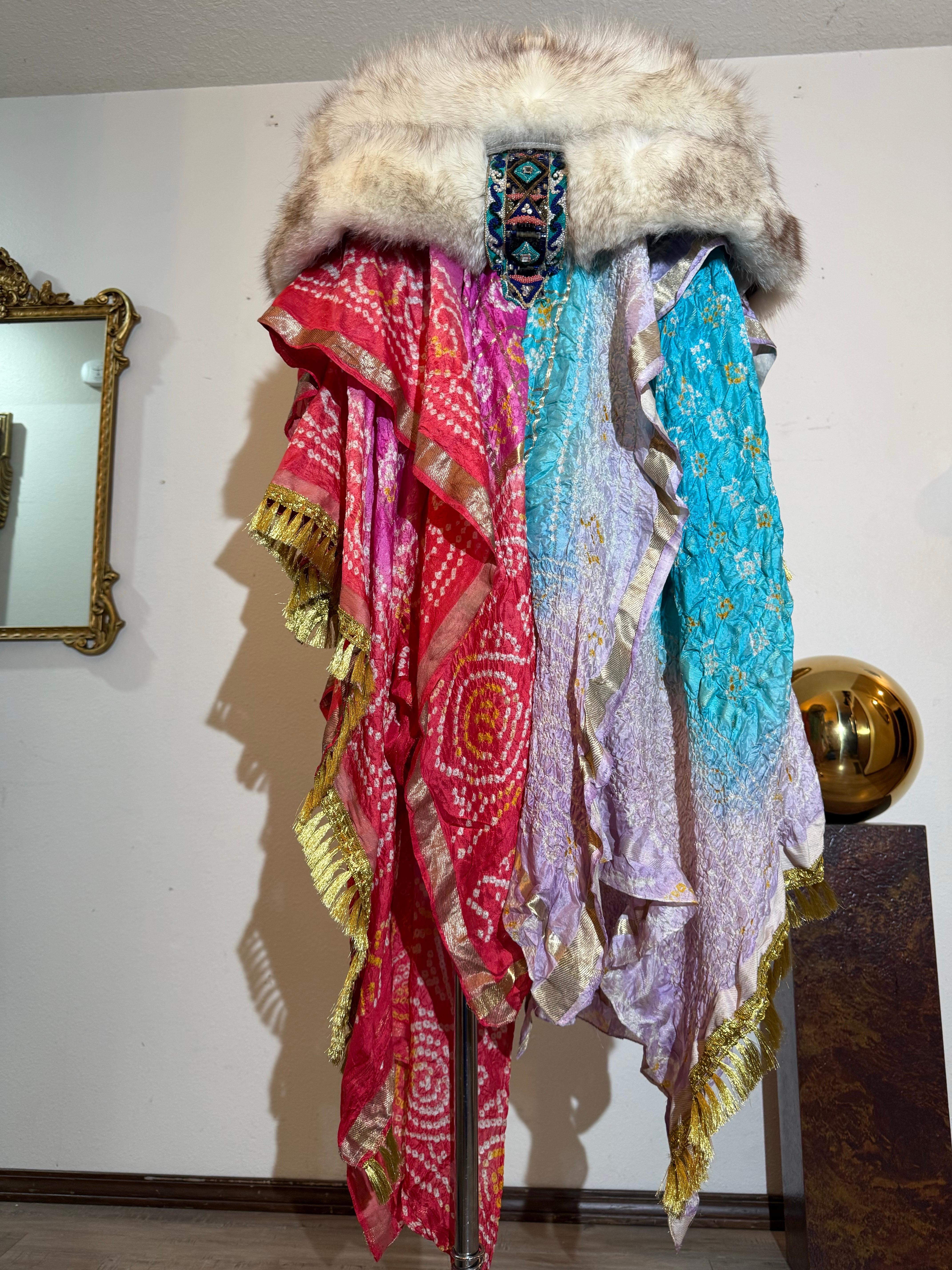 Torso Creations Indian Print Beaded Silk Patchwork Cloak w Silver Fox Collar im Angebot 9