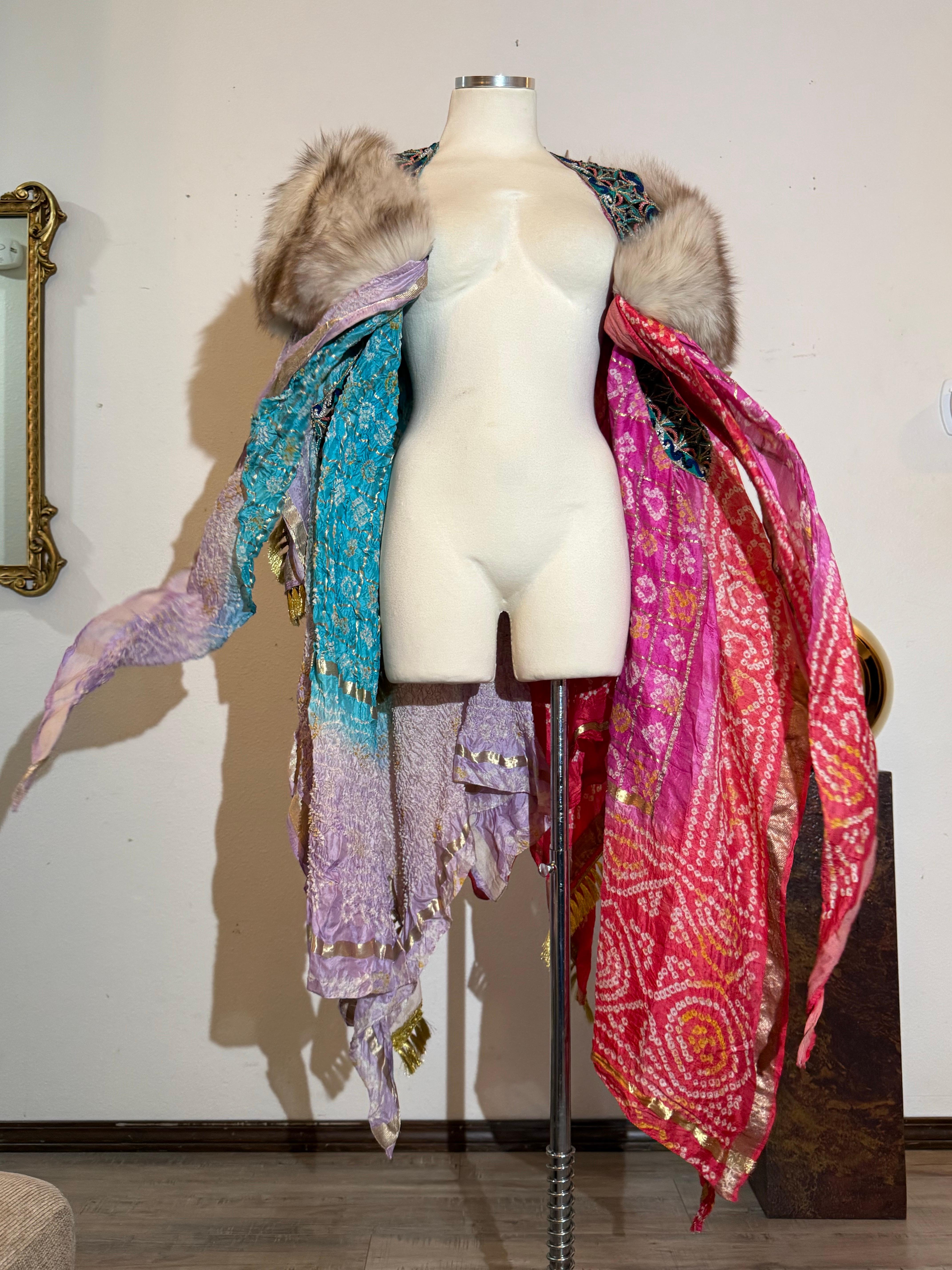 Torso Creations Indian Print Beaded Silk Patchwork Cloak w Silver Fox Collar im Angebot 10