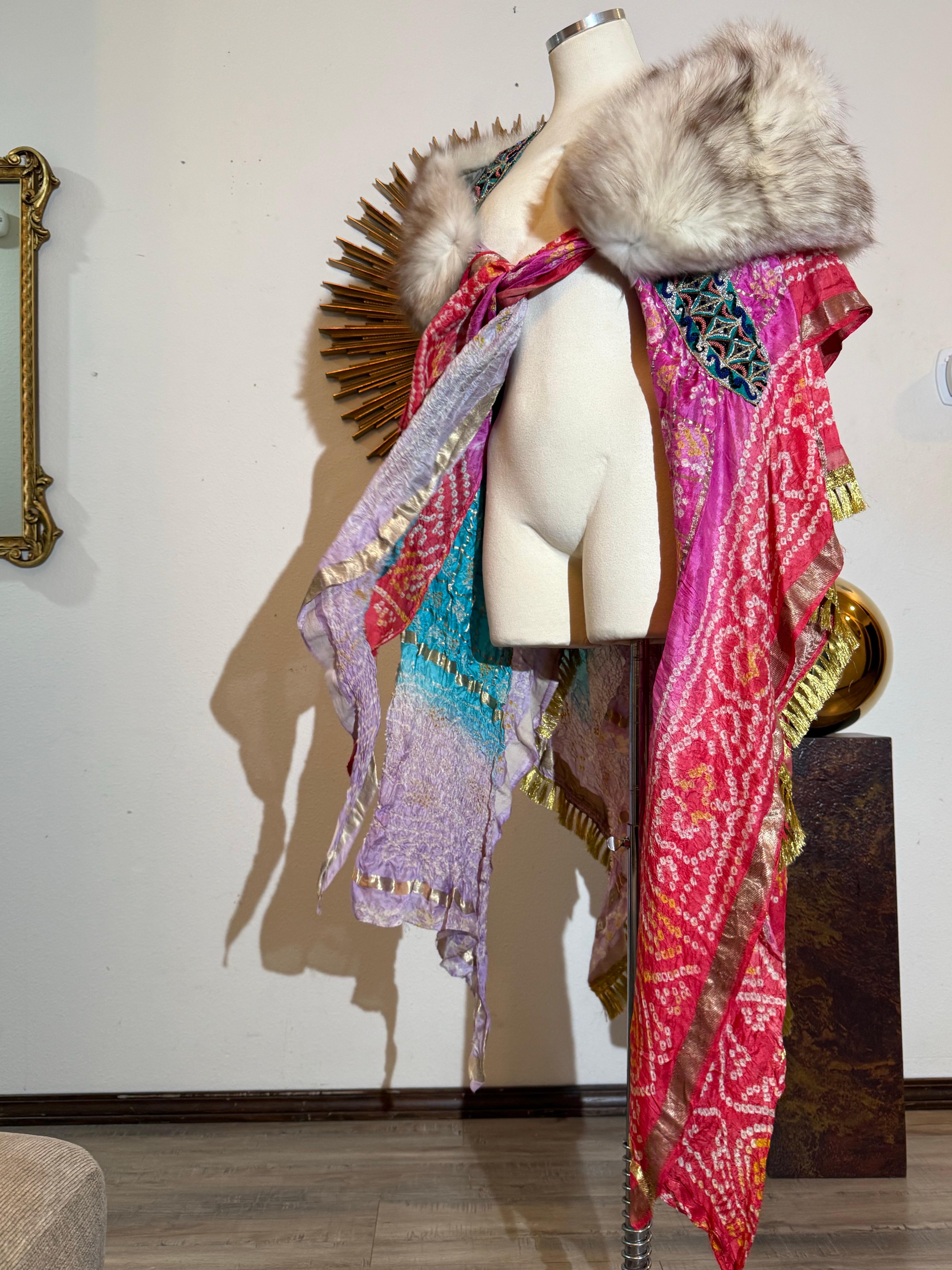 Torso Creations Indian Print Beaded Silk Patchwork Cloak w Silver Fox Collar im Angebot 12