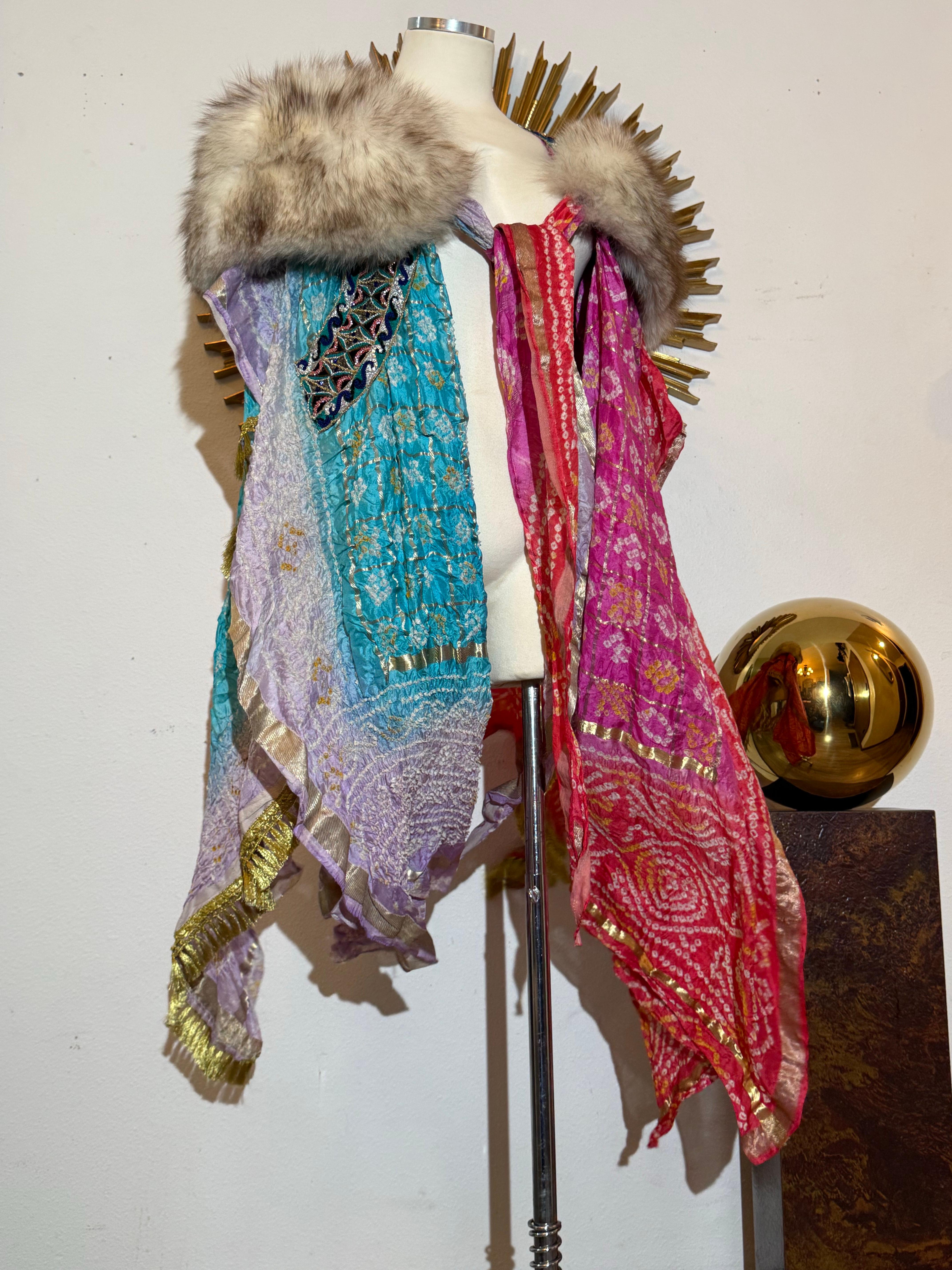 Torso Creations Indian Print Beaded Silk Patchwork Cloak w Silver Fox Collar (Braun) im Angebot