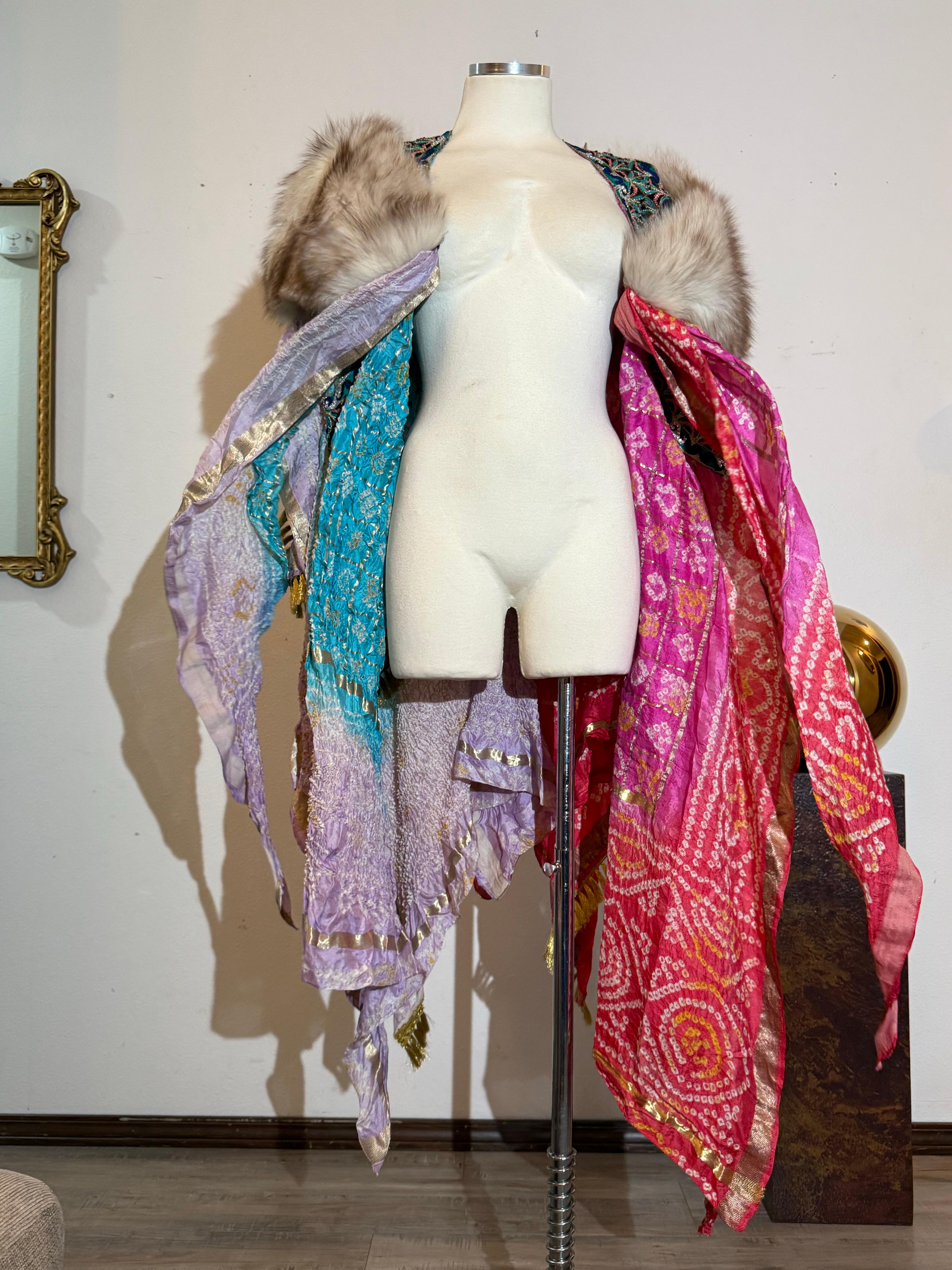 Torso Creations Indian Print Beaded Silk Patchwork Cloak w Silver Fox Collar Damen im Angebot