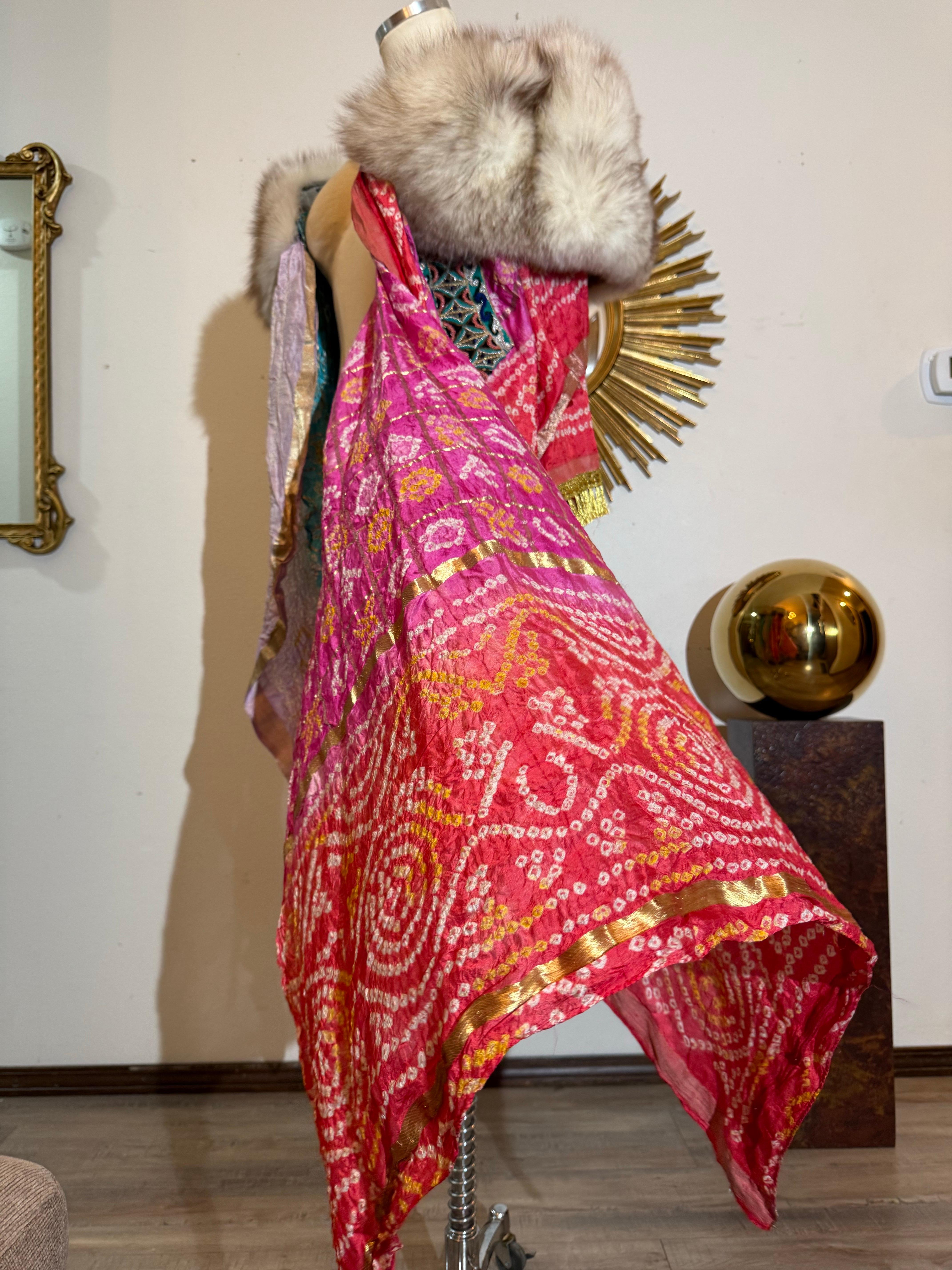 Torso Creations Indian Print Beaded Silk Patchwork Cloak w Silver Fox Collar im Angebot 2