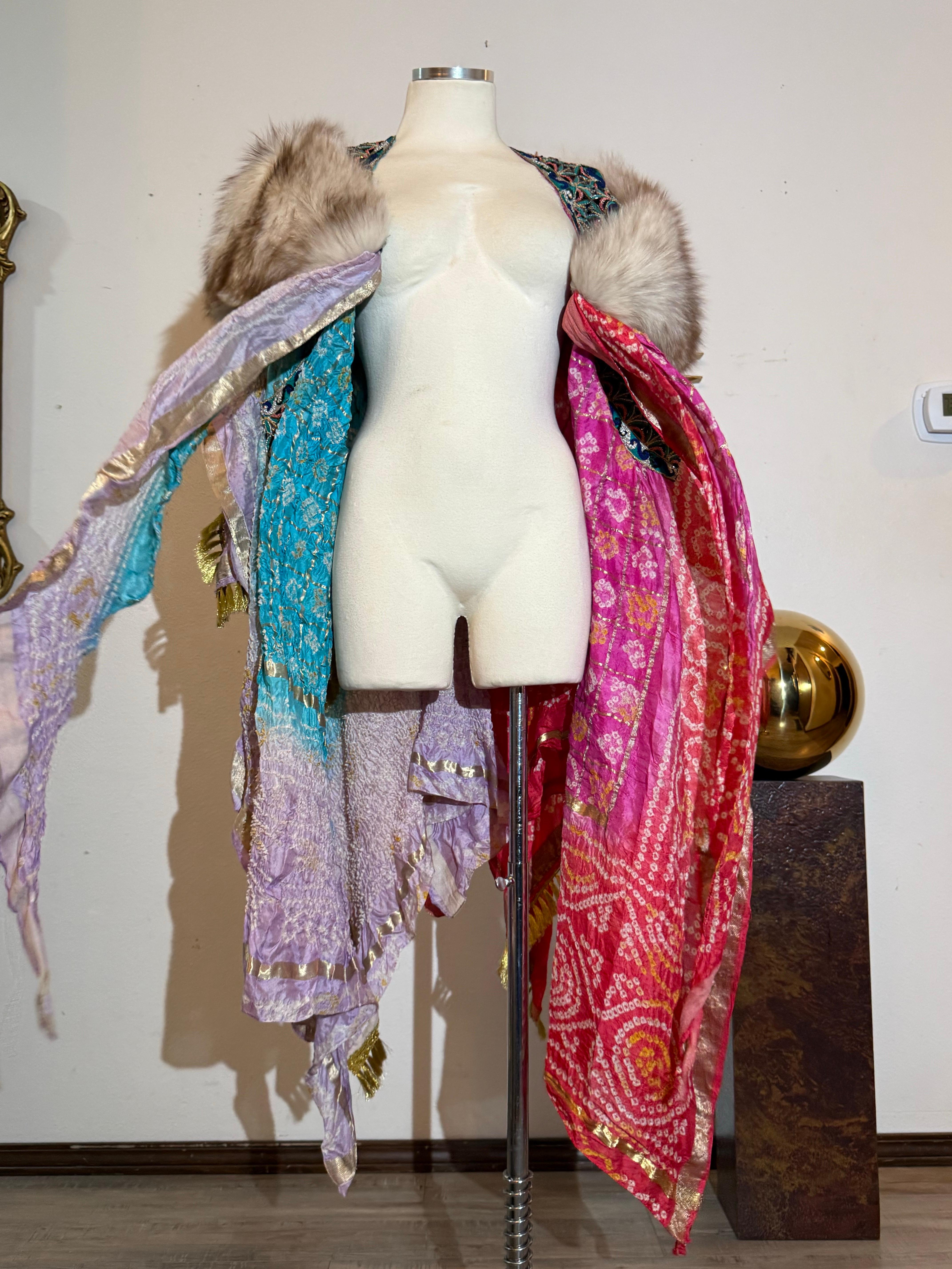 Torso Creations Indian Print Beaded Silk Patchwork Cloak w Silver Fox Collar im Angebot 3