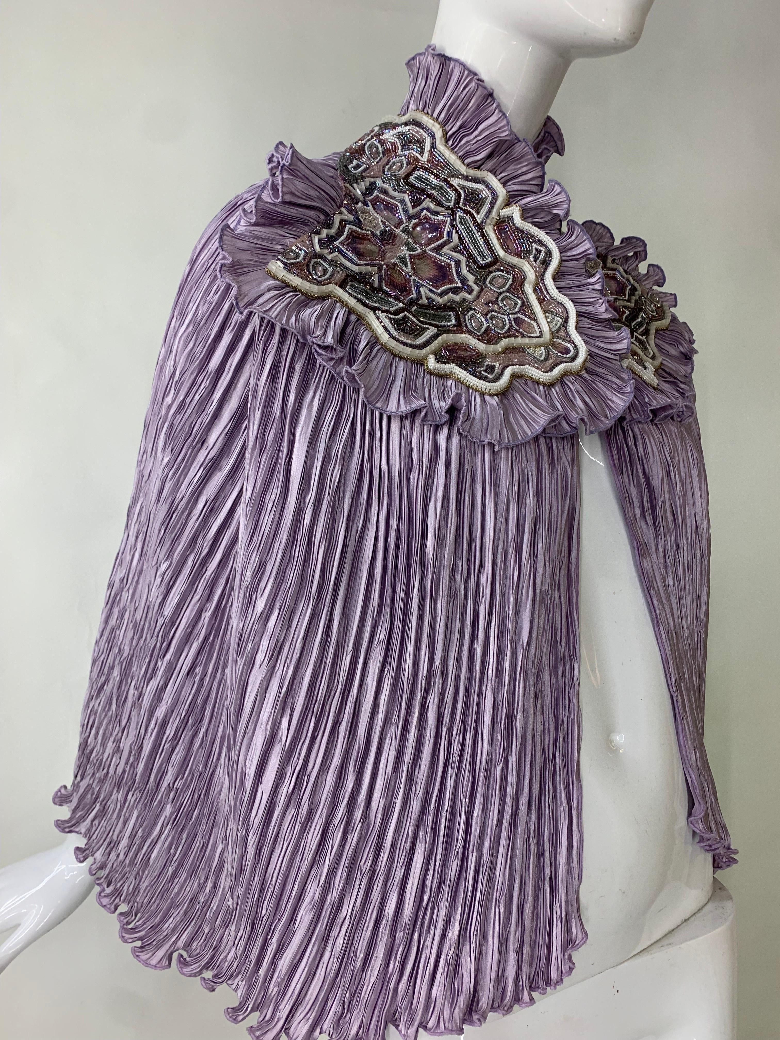 Torso Creations Lavender Pleated Silk Caplet w Heavily Beaded & Embroidered Appliques:  This unique piece is fashioned from a vintage Mary McFadden gown by Torso Creations for a one-of-a-kind showstopper! Features large beaded and embroidered