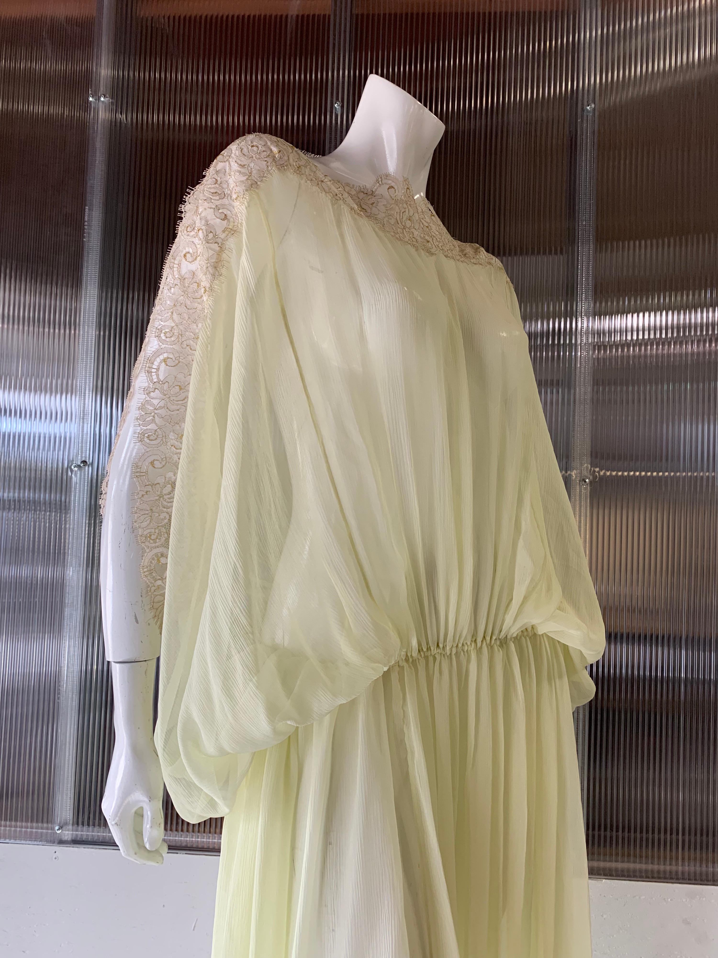 Torso Creations Lemon Silk Chiffon Goddess Gown W/ Soft Gold Metallic Lace Trim In Excellent Condition In Gresham, OR