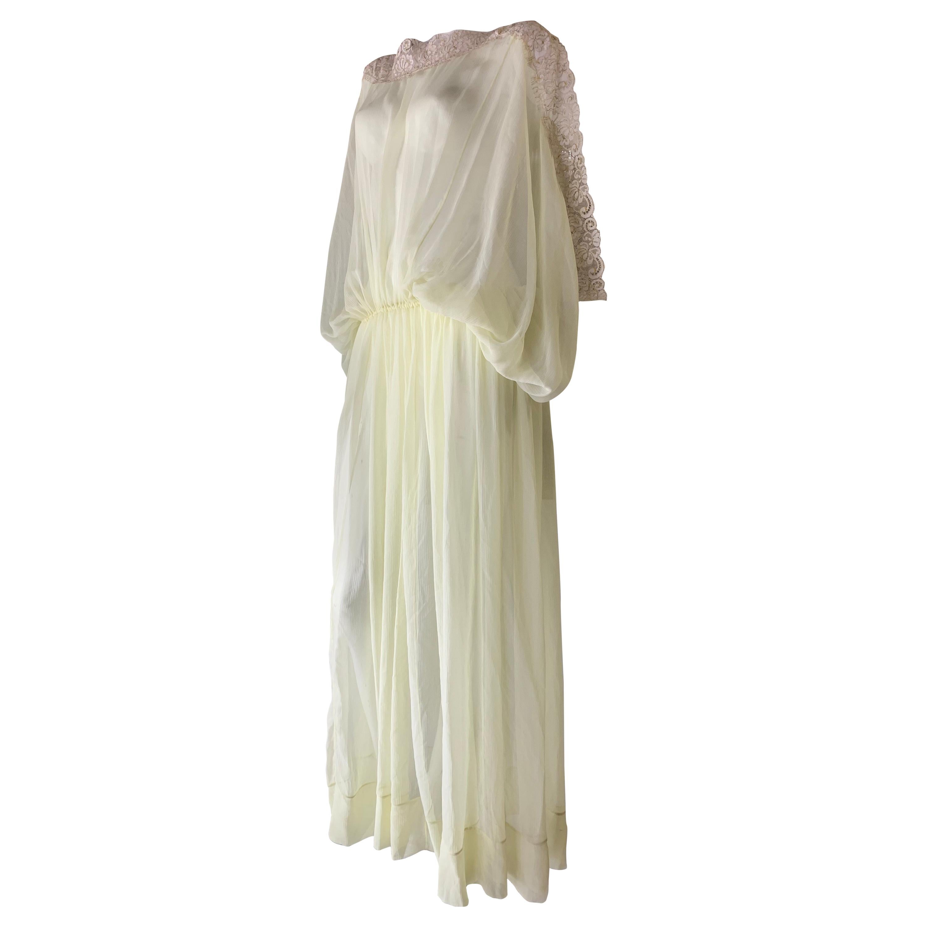 Torso Creations Lemon Silk Chiffon Goddess Gown W/ Soft Gold Metallic Lace Trim