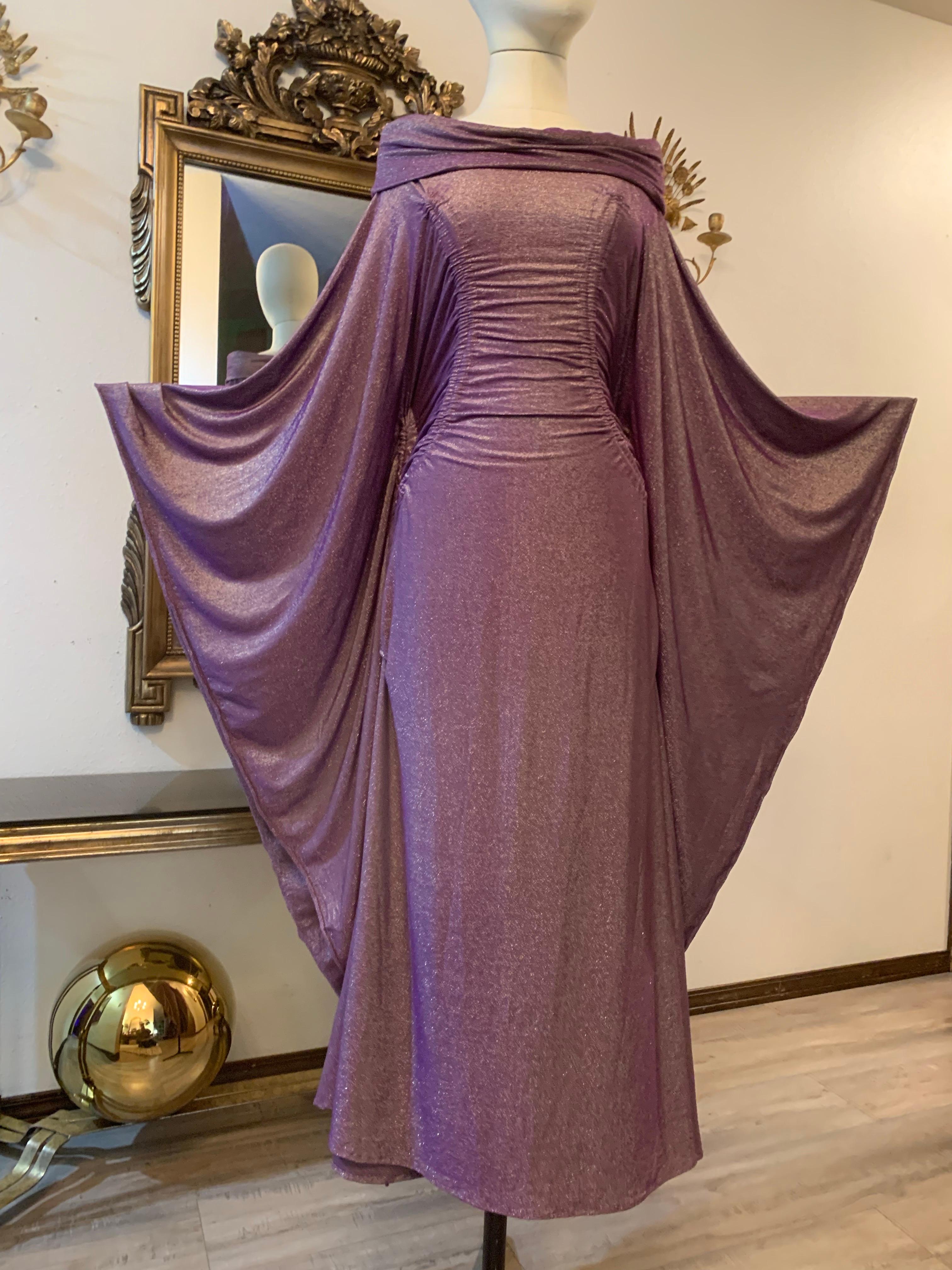 Torso Creations Lilac Lurex Stretch Knit Caftan w Off-Shoulder Neckline For Sale 7
