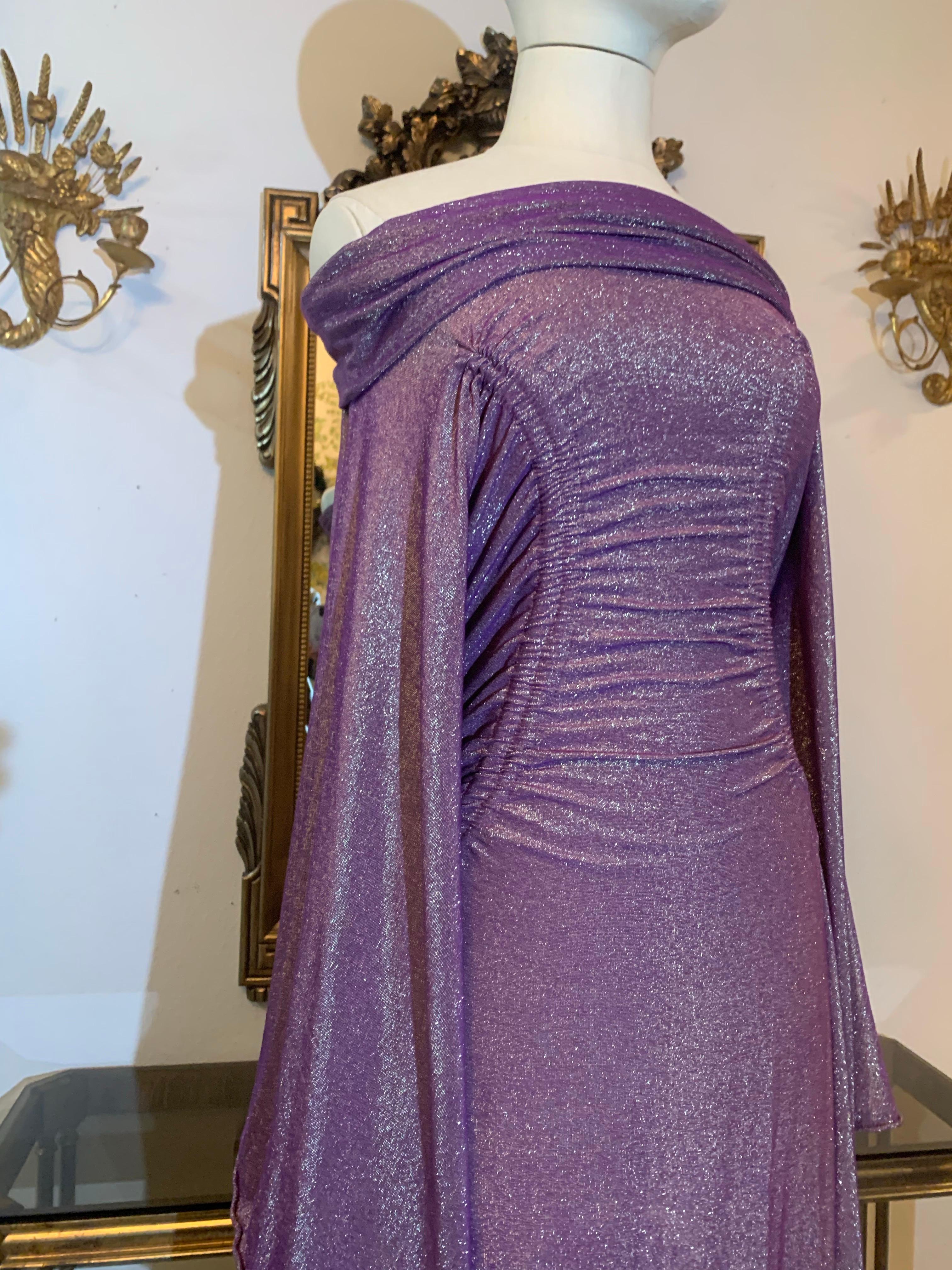 Gray Torso Creations Lilac Lurex Stretch Knit Caftan w Off-Shoulder Neckline For Sale