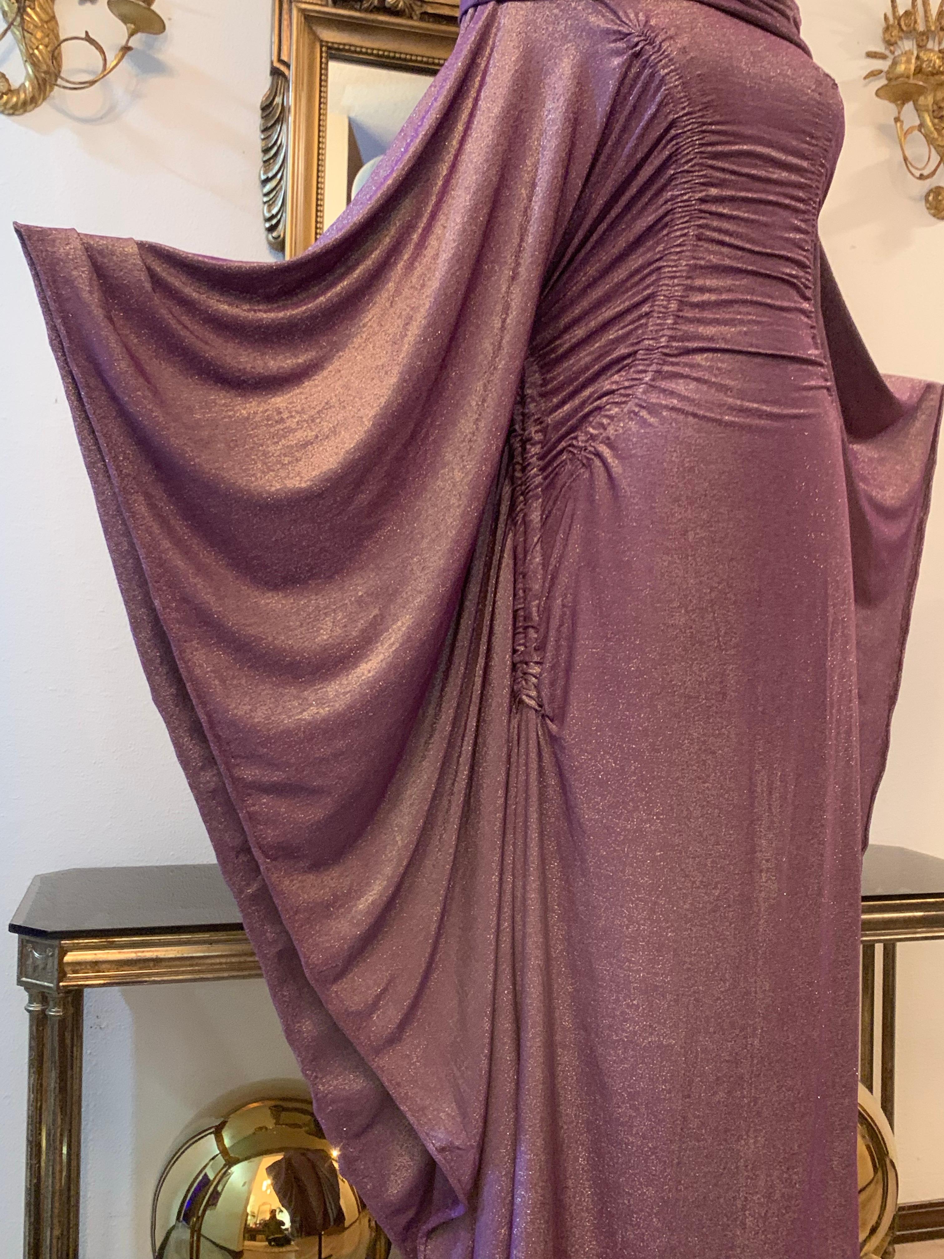 Torso Creations Lilac Lurex Stretch Knit Caftan w Off-Shoulder Neckline In New Condition For Sale In Gresham, OR